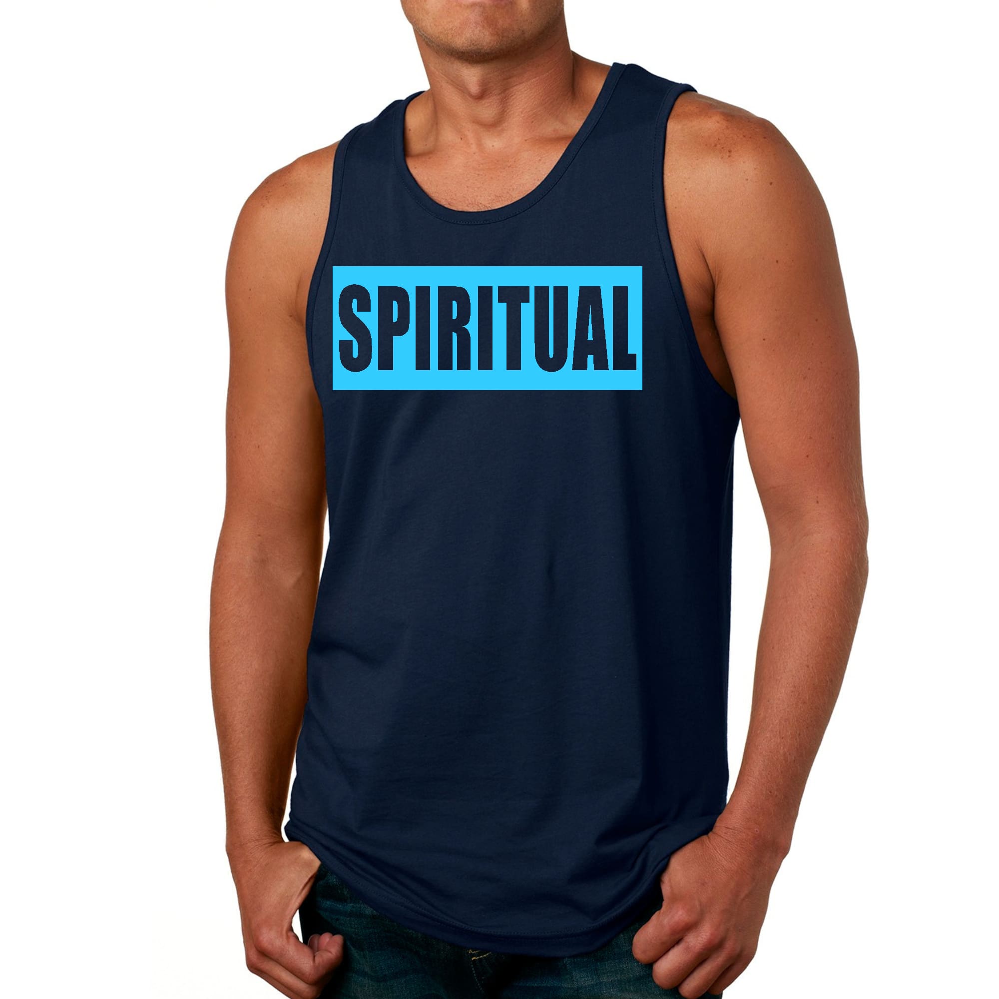 Mens Fitness Tank Top Graphic T-shirt Spiritual Light Blue Print