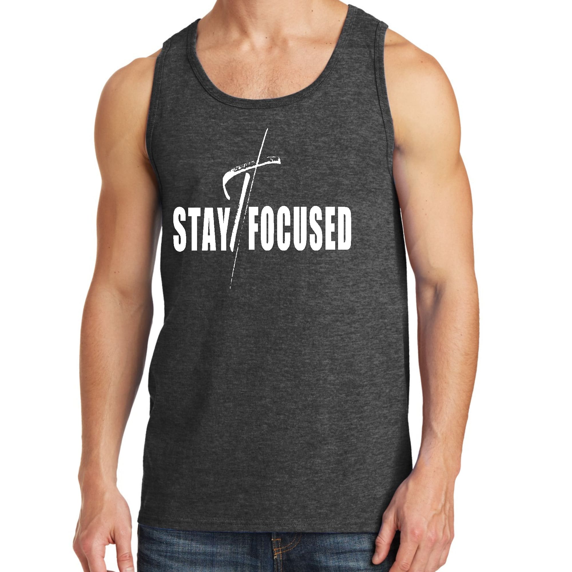 Mens Fitness Tank Top Graphic T-shirt Stay Focused White Print
