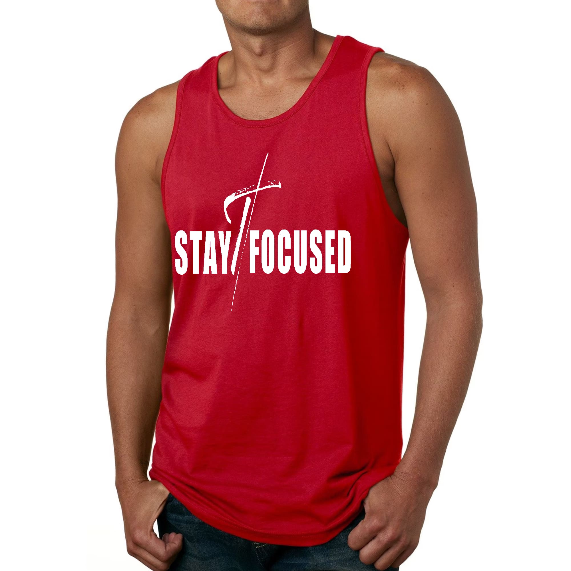 Mens Fitness Tank Top Graphic T-shirt Stay Focused White Print