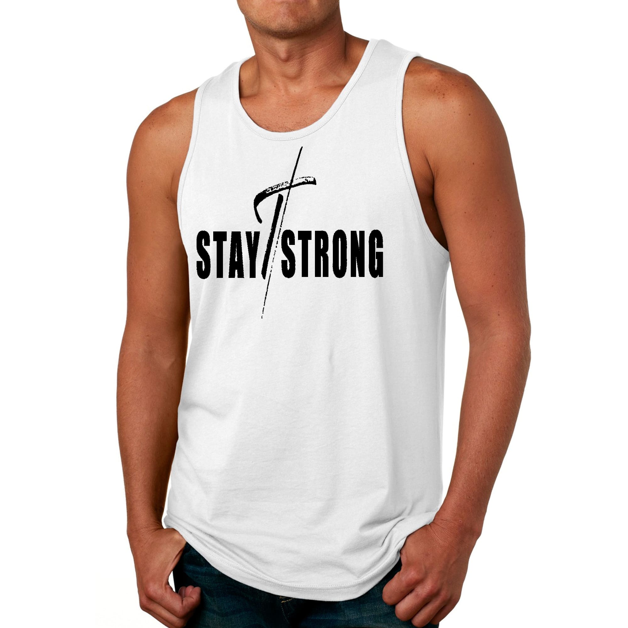 Mens Fitness Tank Top Graphic T-shirt Stay Strong with Cross Black