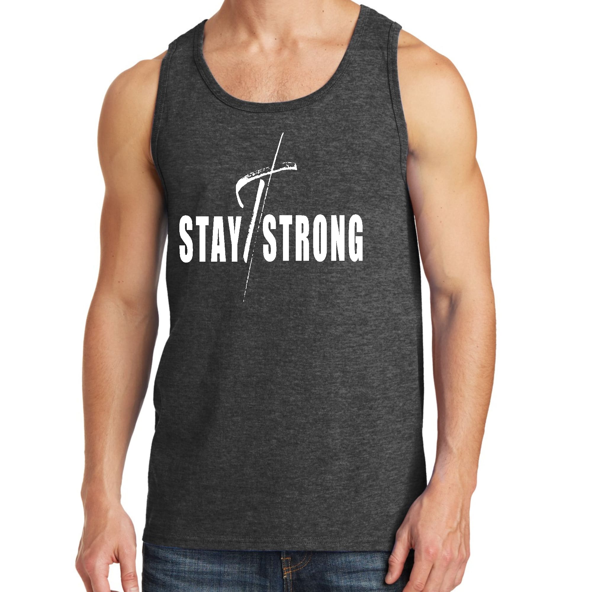 Mens Fitness Tank Top Graphic T-shirt Stay Strong with Cross White