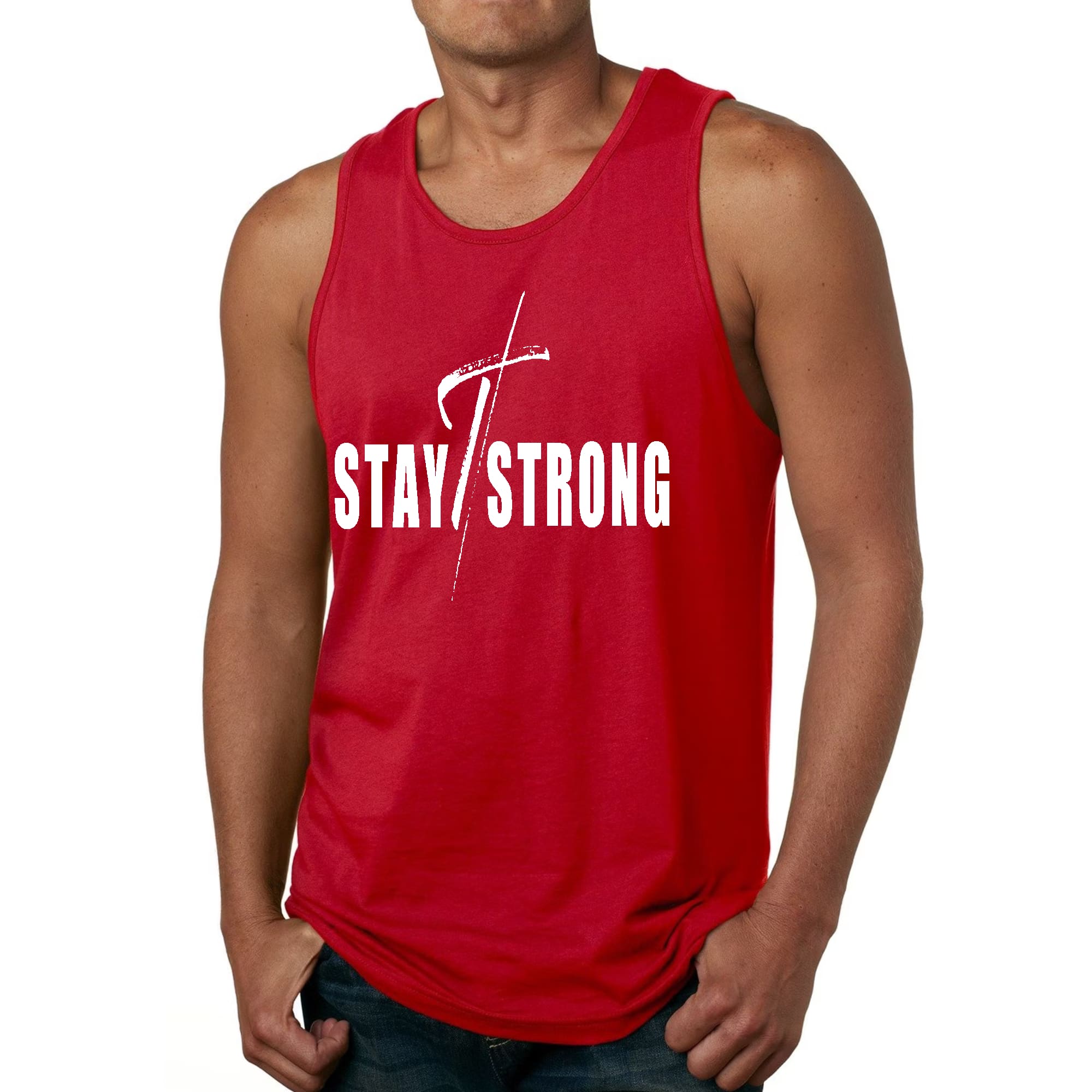 Mens Fitness Tank Top Graphic T-shirt Stay Strong with Cross White