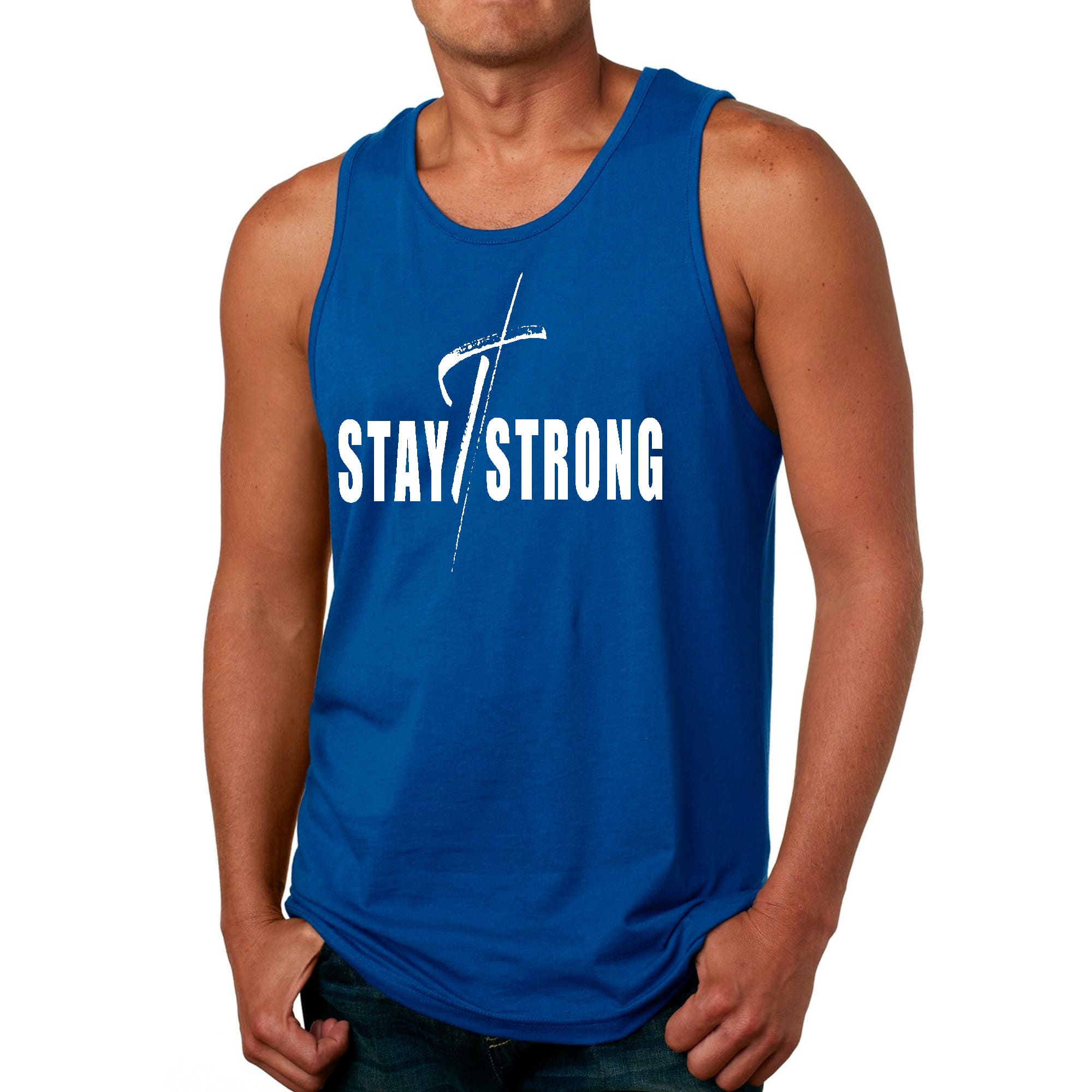 Mens Fitness Tank Top Graphic T-shirt Stay Strong with Cross White