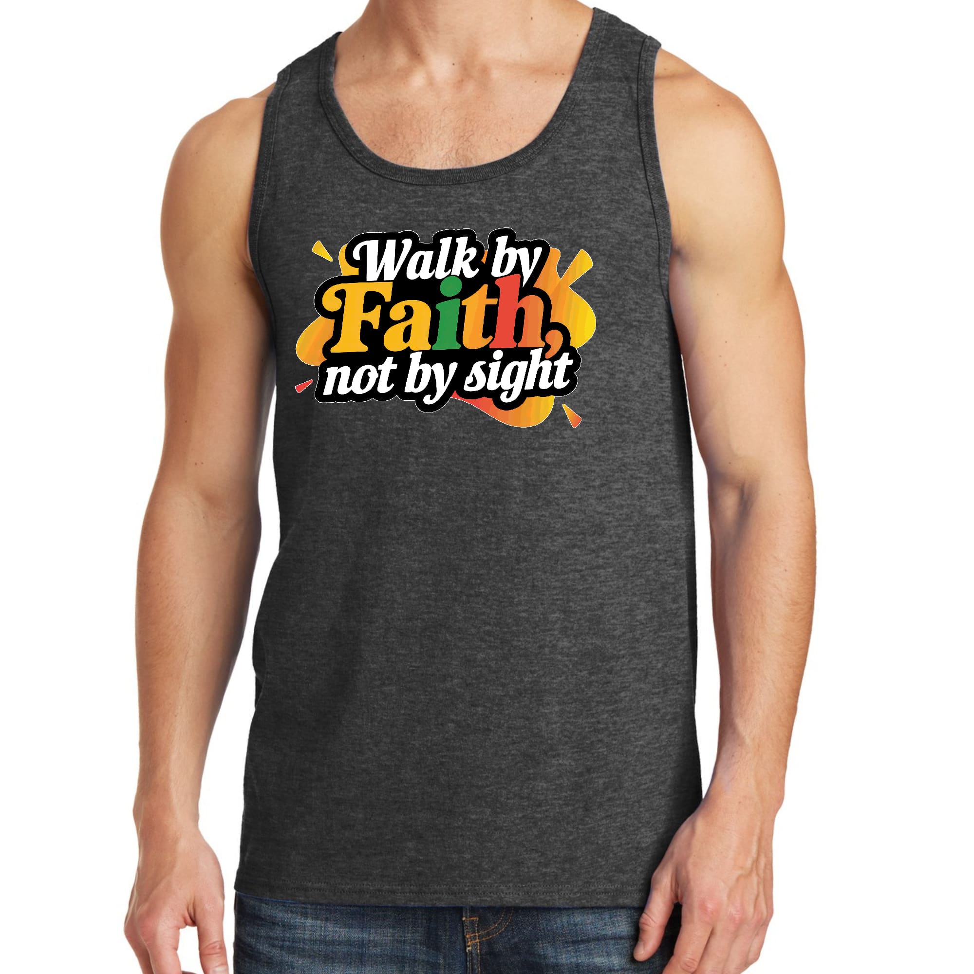 Mens Fitness Tank Top Graphic T-shirt Walk by Faith - not by Sight