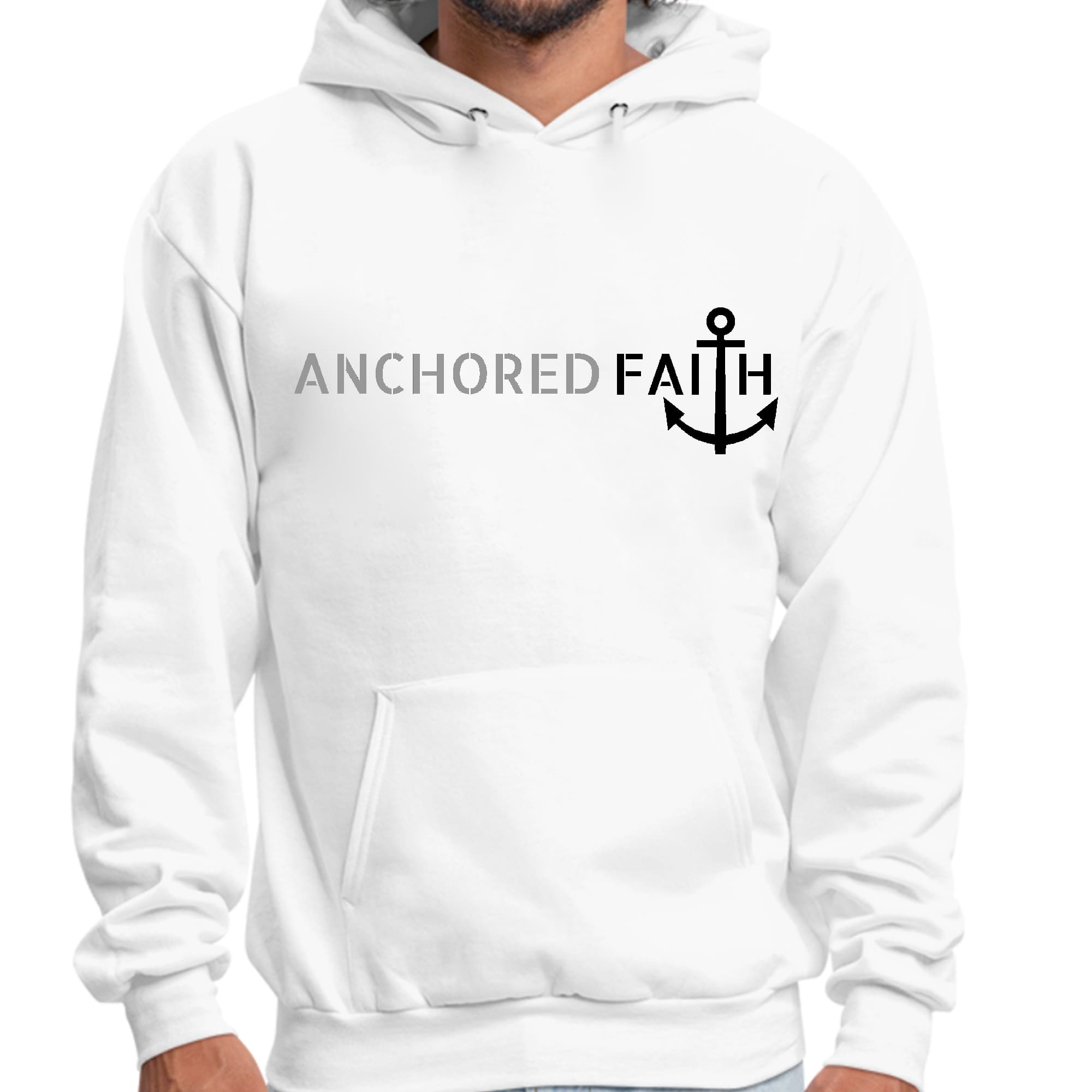 Mens Graphic Hoodie Anchored Faith Grey and Black Print