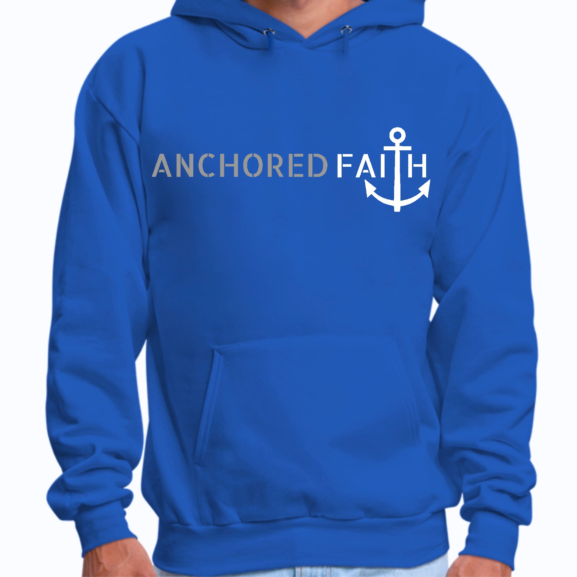 Mens Graphic Hoodie Anchored Faith Grey and White Print