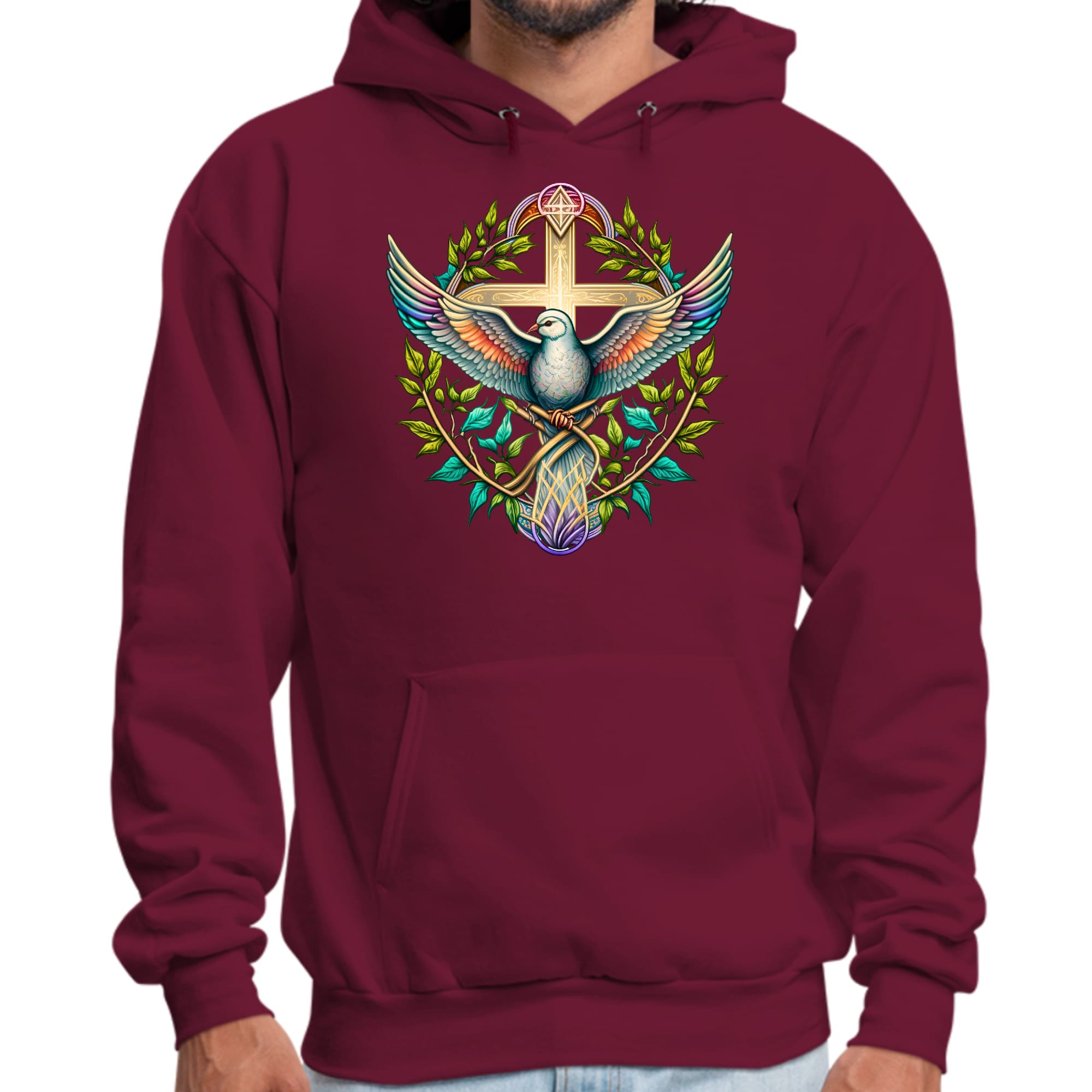 Mens Graphic Hoodie Blue Green Multicolor Dove Floral Illustration