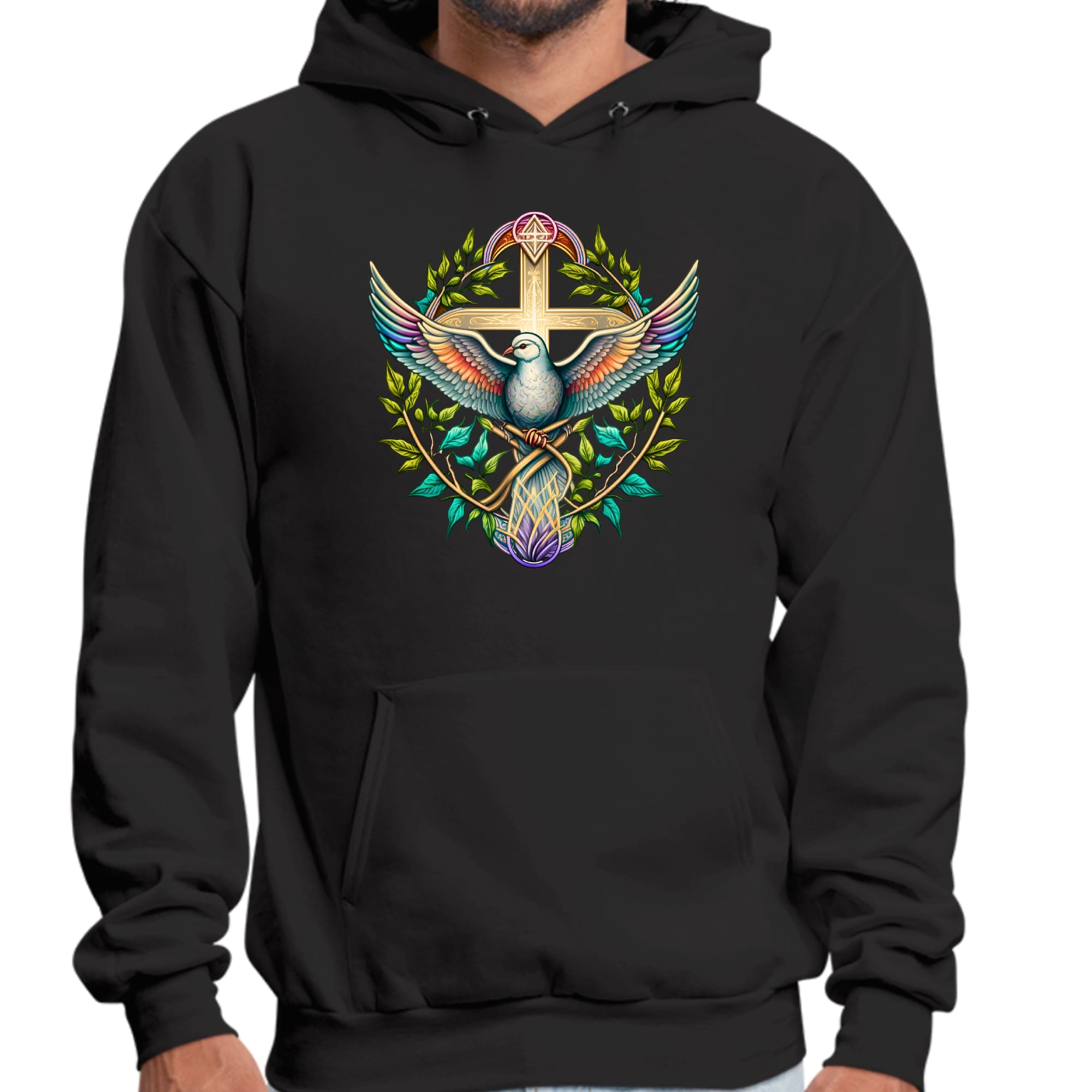 Mens Graphic Hoodie Blue Green Multicolor Dove Floral Illustration