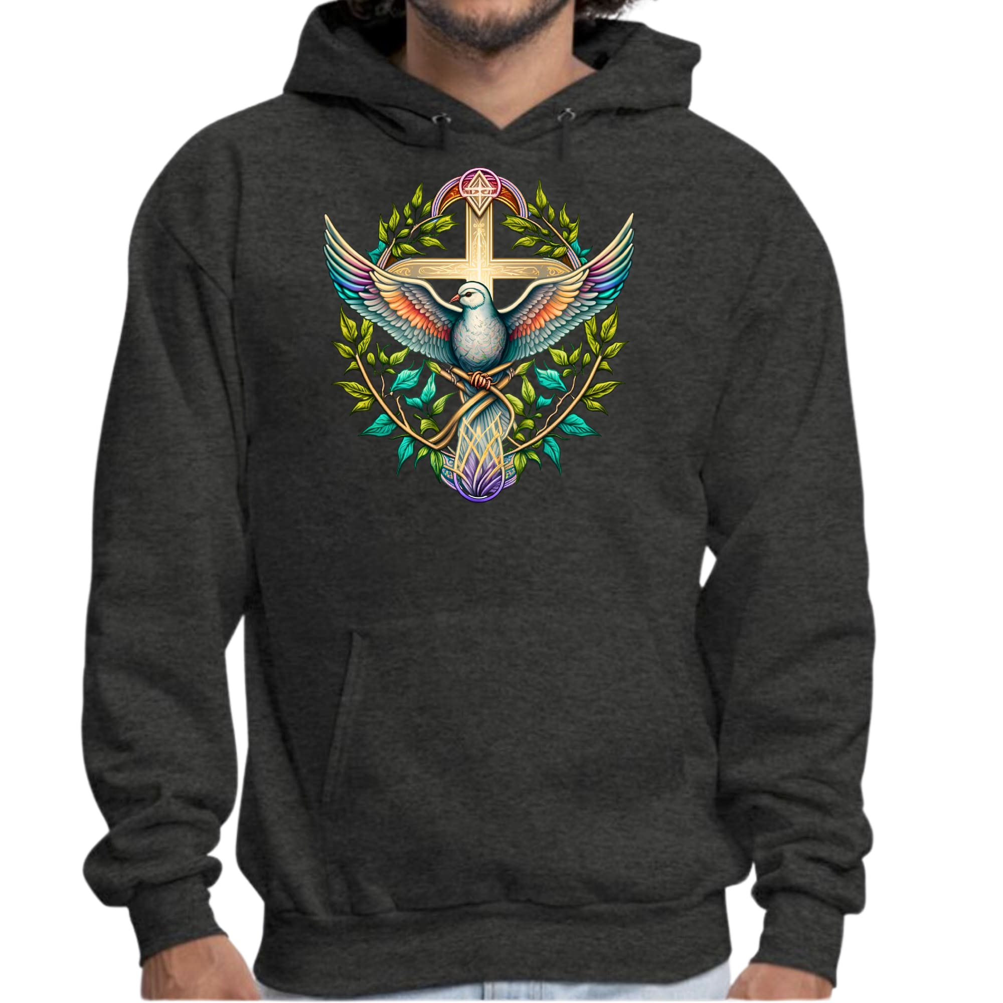 Mens Graphic Hoodie Blue Green Multicolor Dove Floral Illustration