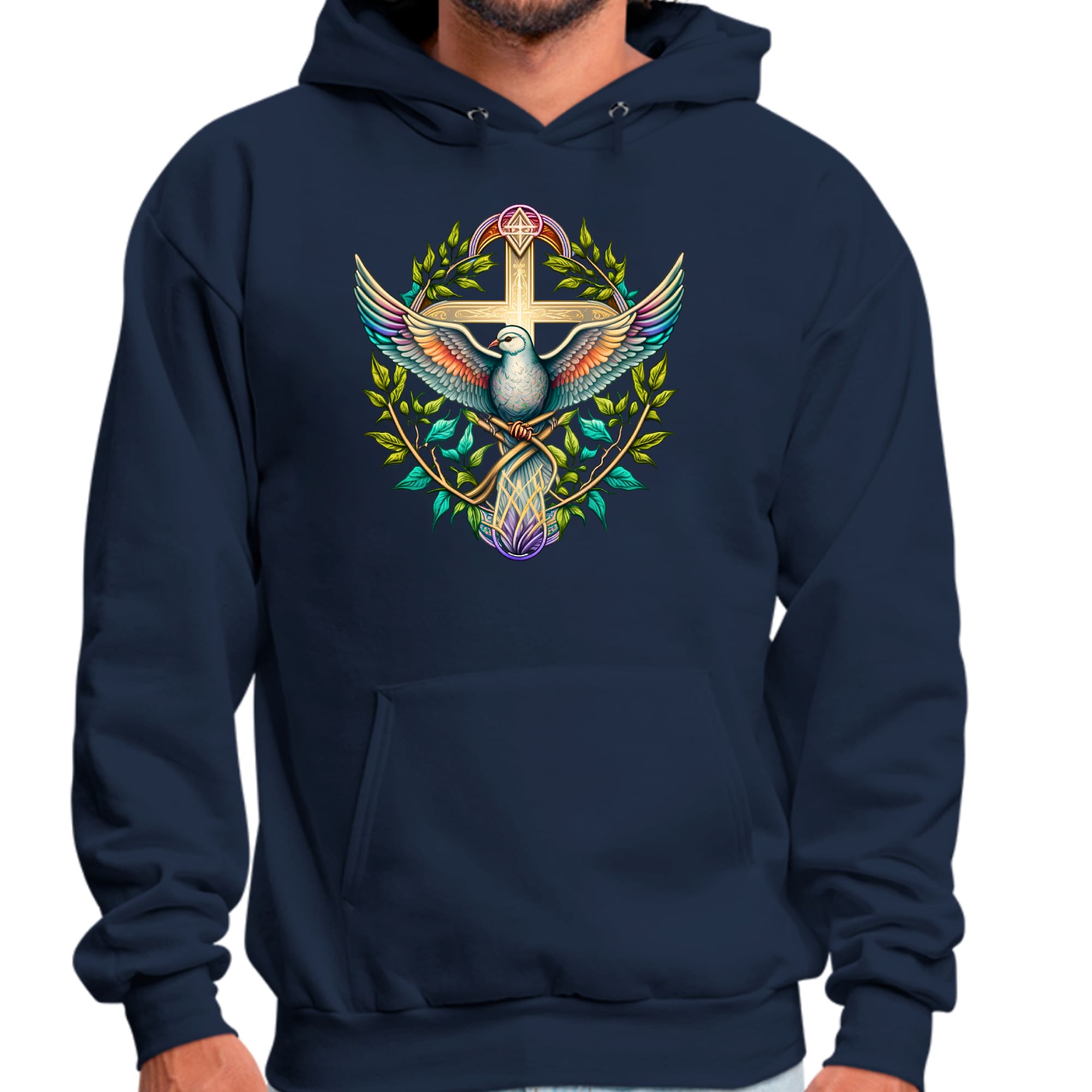 Mens Graphic Hoodie Blue Green Multicolor Dove Floral Illustration