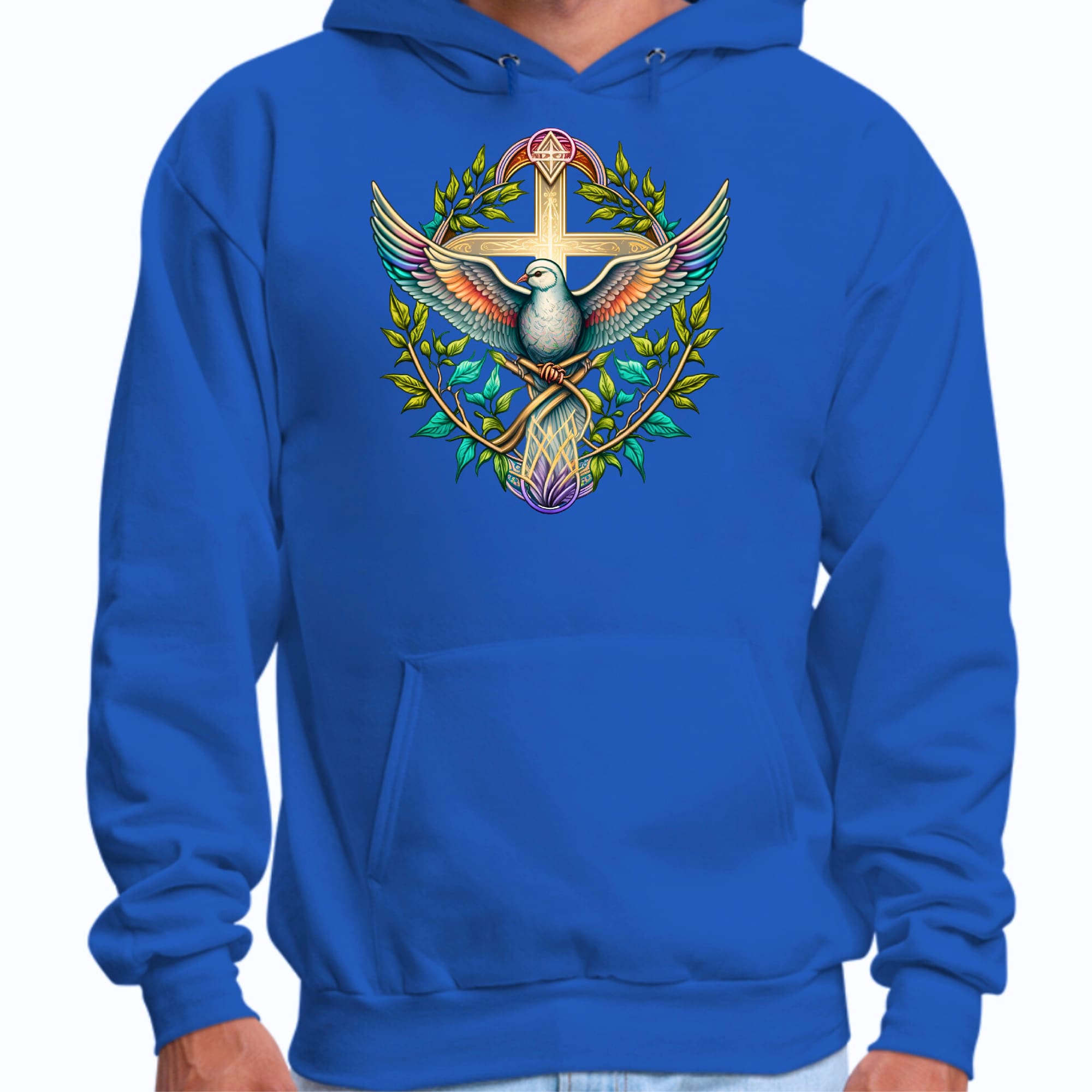 Mens Graphic Hoodie Blue Green Multicolor Dove Floral Illustration