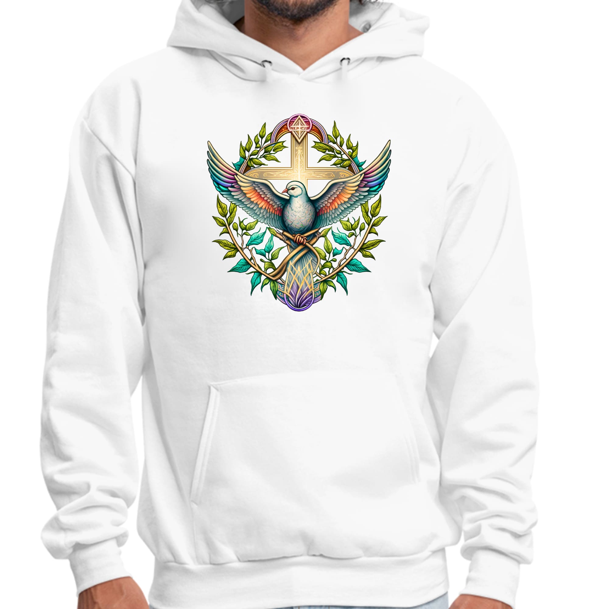 Mens Graphic Hoodie Blue Green Multicolor Dove Floral Illustration