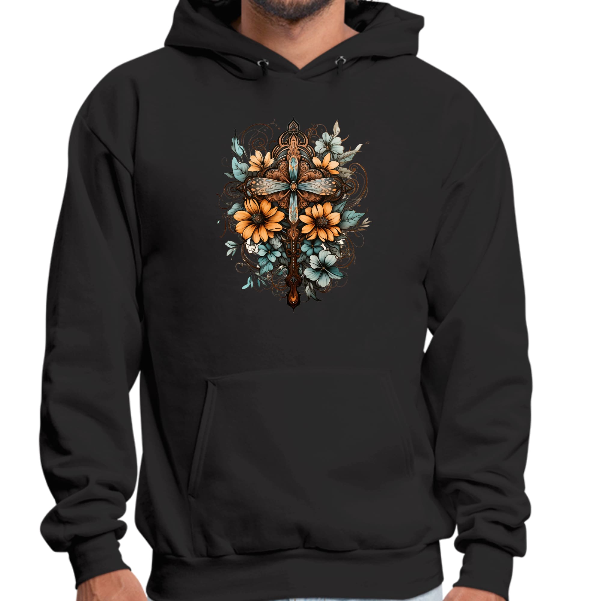 Mens Graphic Hoodie Christian Cross Floral Bouquet Brown and Blue