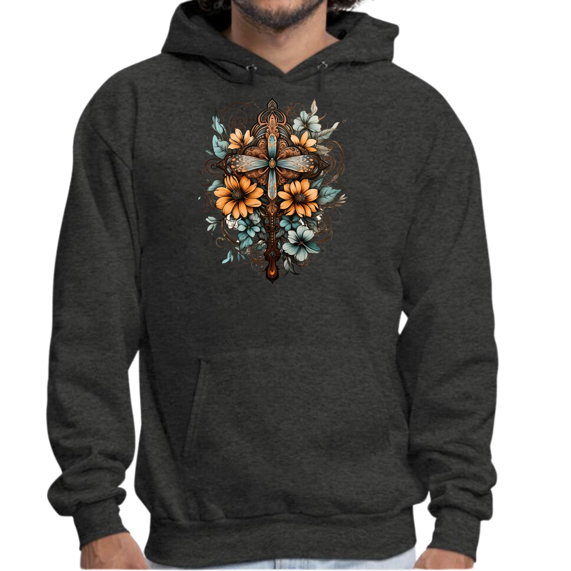 Mens Graphic Hoodie Christian Cross Floral Bouquet Brown and Blue