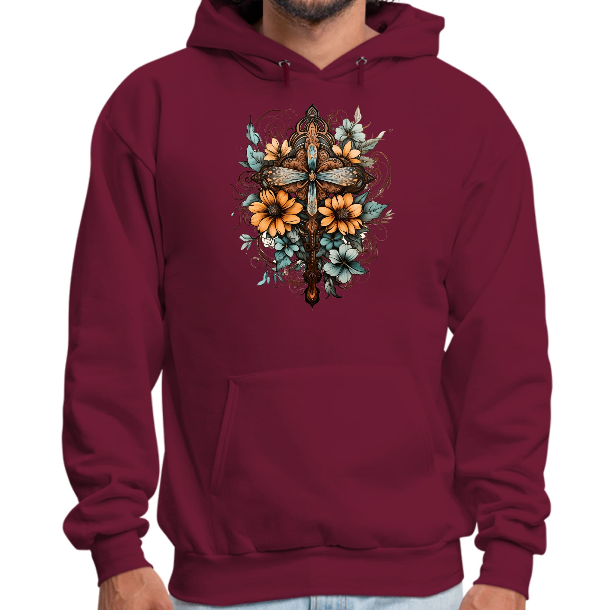 Mens Graphic Hoodie Christian Cross Floral Bouquet Brown and Blue