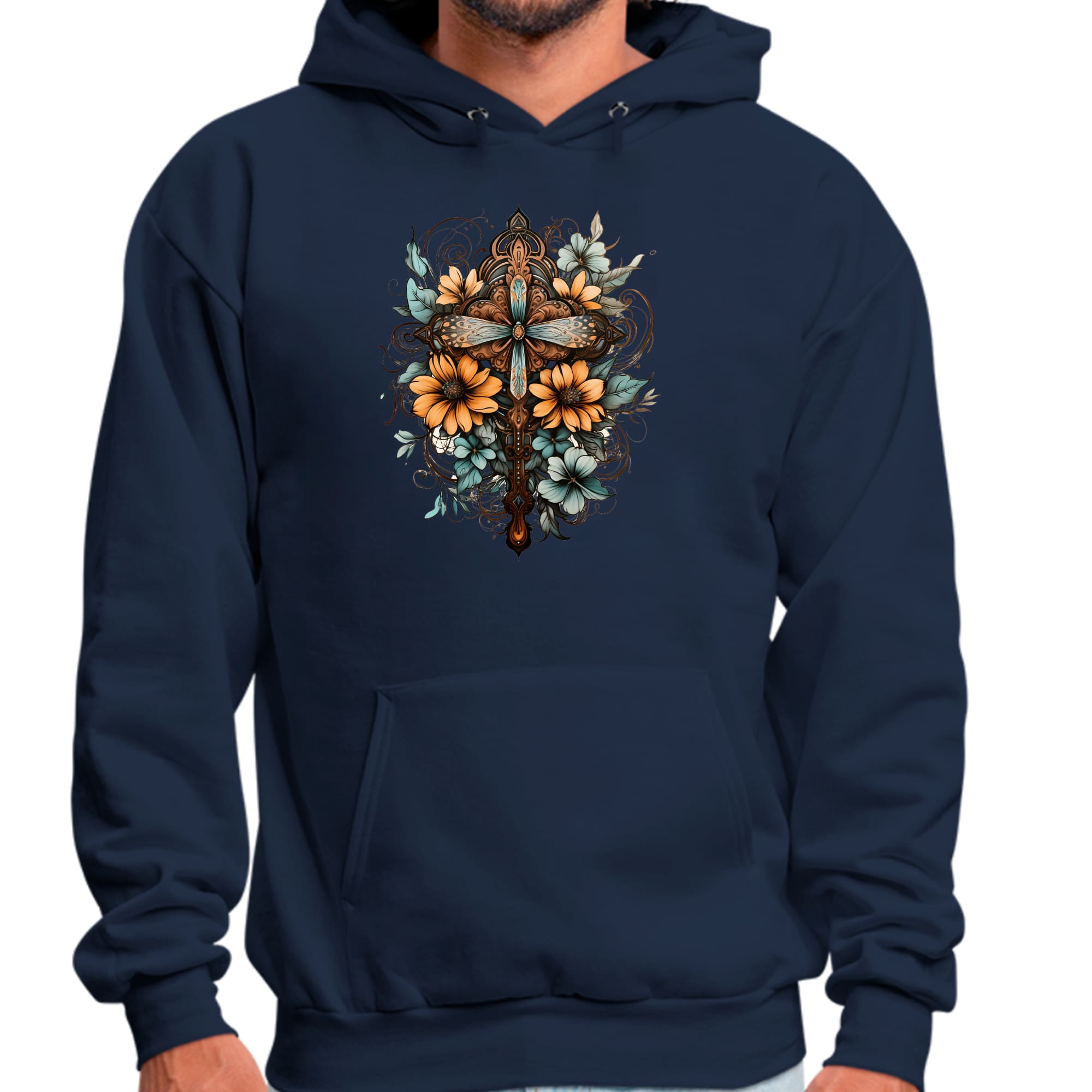 Mens Graphic Hoodie Christian Cross Floral Bouquet Brown and Blue