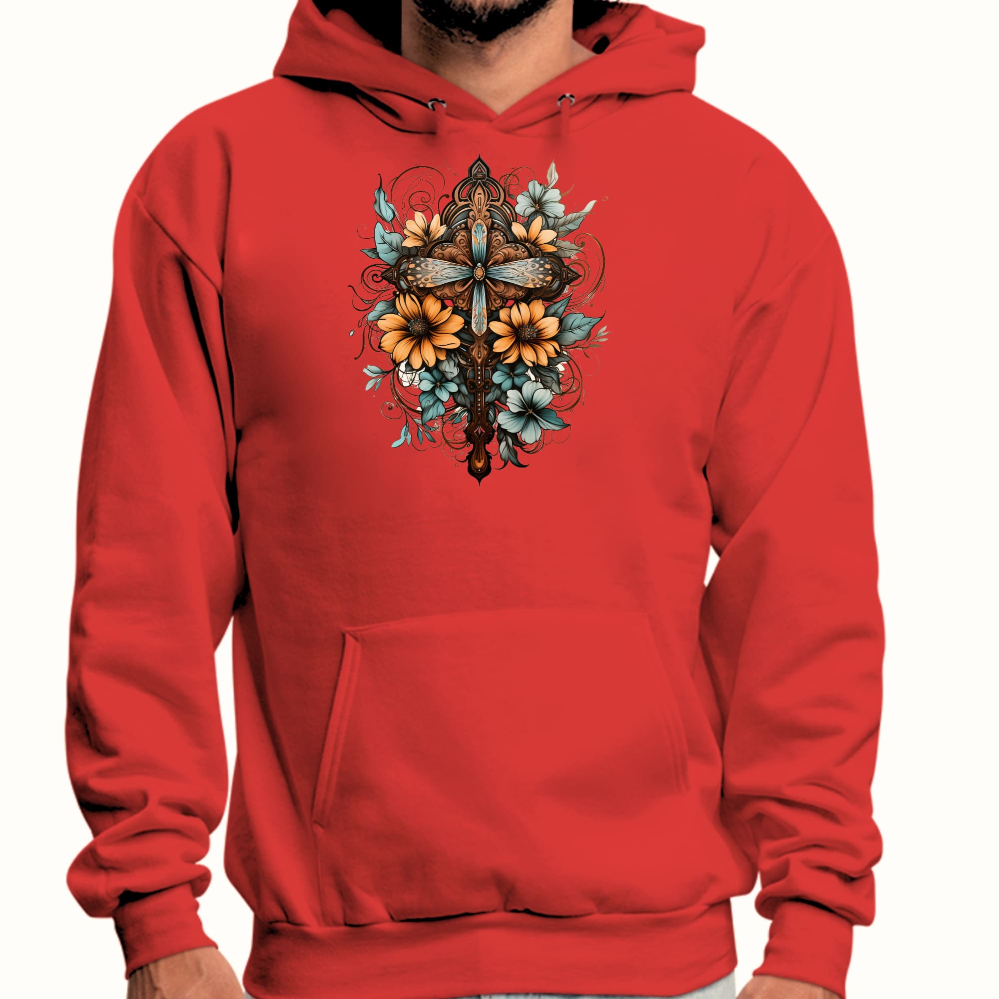 Mens Graphic Hoodie Christian Cross Floral Bouquet Brown and Blue