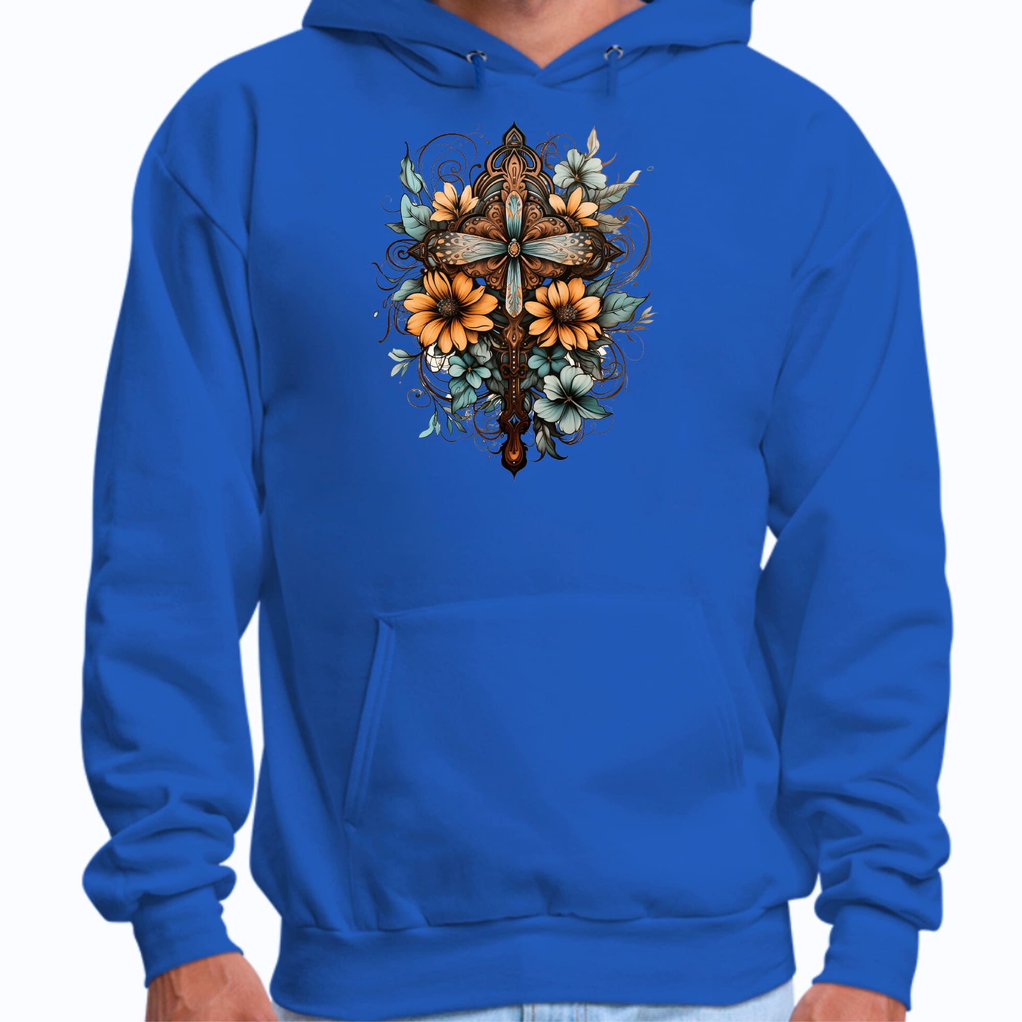 Mens Graphic Hoodie Christian Cross Floral Bouquet Brown and Blue