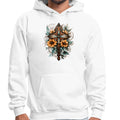 Mens Graphic Hoodie Christian Cross Floral Bouquet Brown and Blue