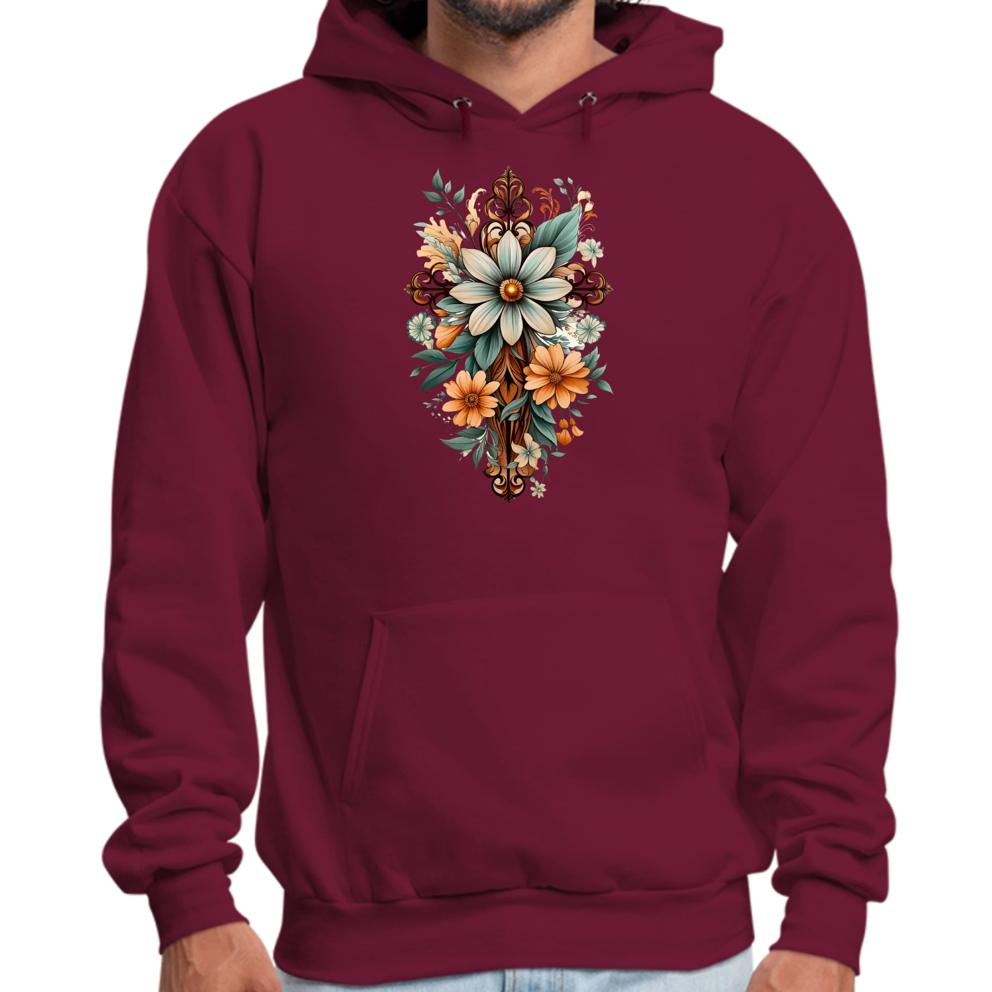 Mens Graphic Hoodie Christian Cross Floral Bouquet Green and Brown