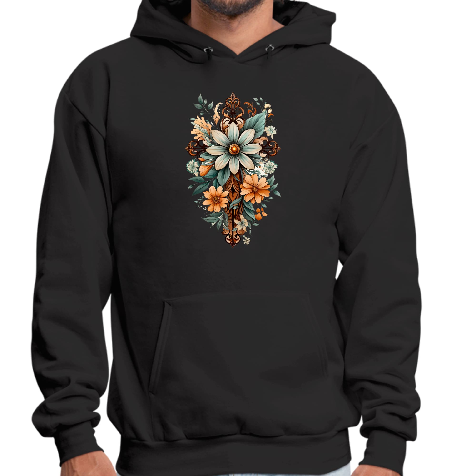 Mens Graphic Hoodie Christian Cross Floral Bouquet Green and Brown