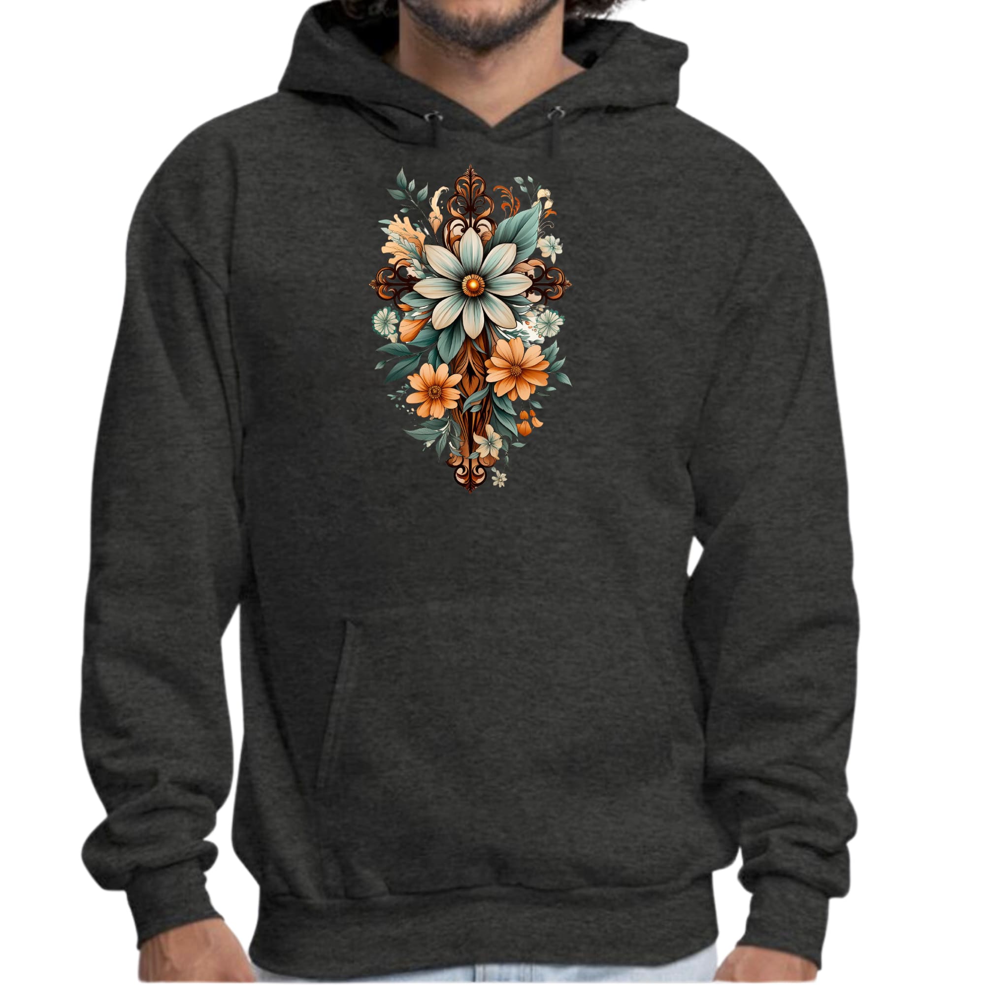 Mens Graphic Hoodie Christian Cross Floral Bouquet Green and Brown