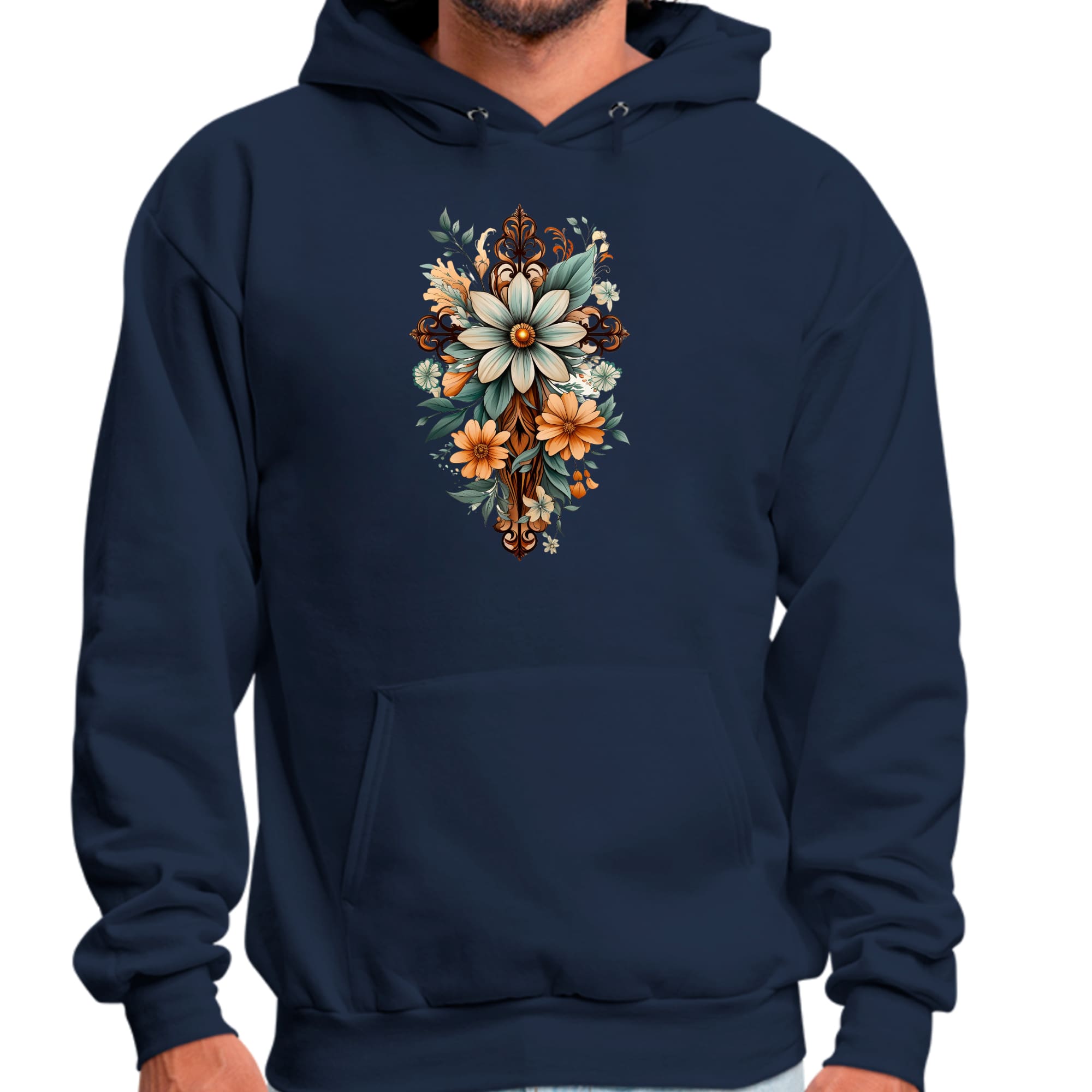 Mens Graphic Hoodie Christian Cross Floral Bouquet Green and Brown