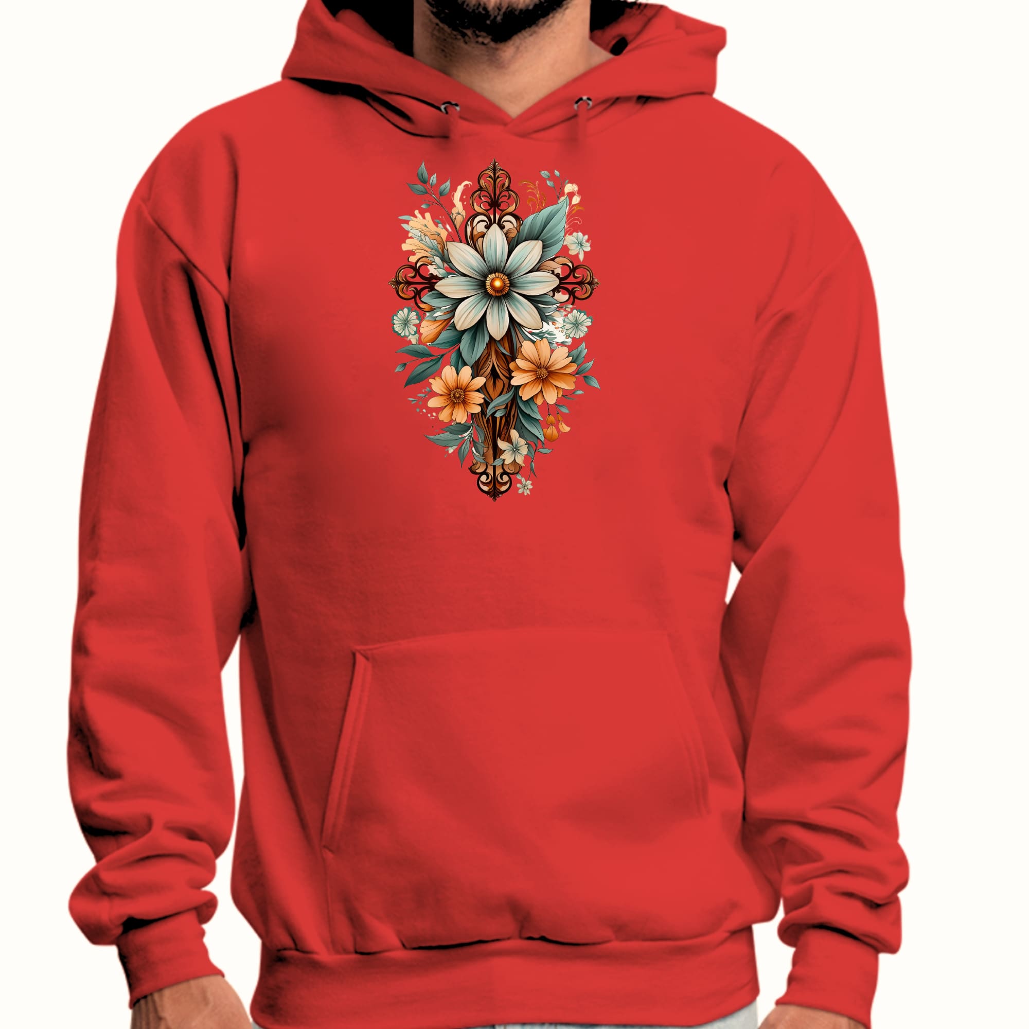 Mens Graphic Hoodie Christian Cross Floral Bouquet Green and Brown