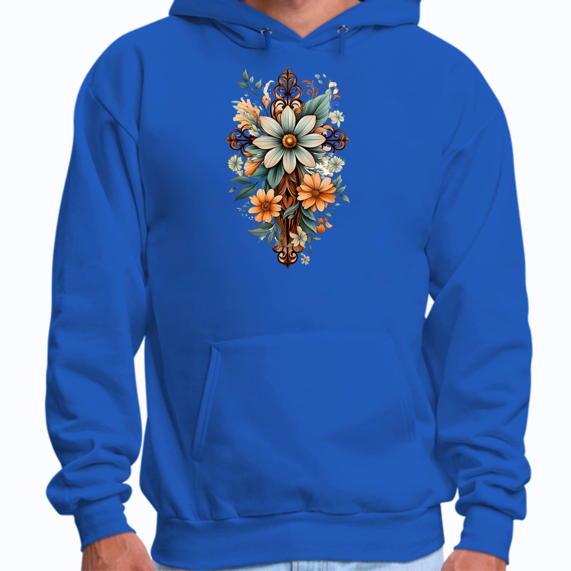 Mens Graphic Hoodie Christian Cross Floral Bouquet Green and Brown