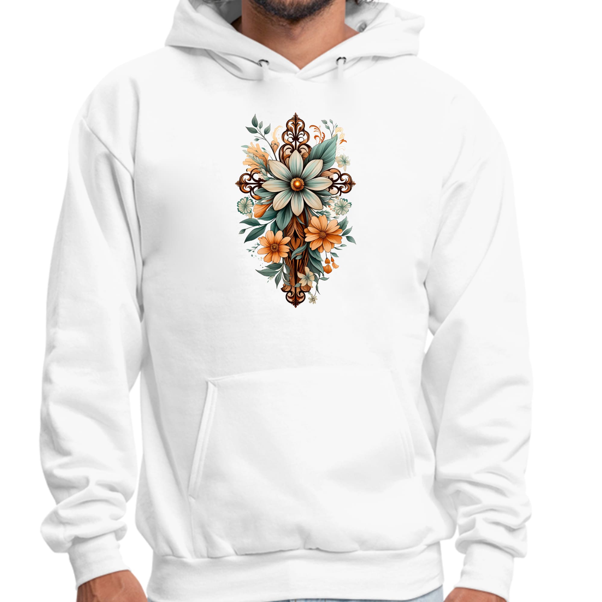 Mens Graphic Hoodie Christian Cross Floral Bouquet Green and Brown