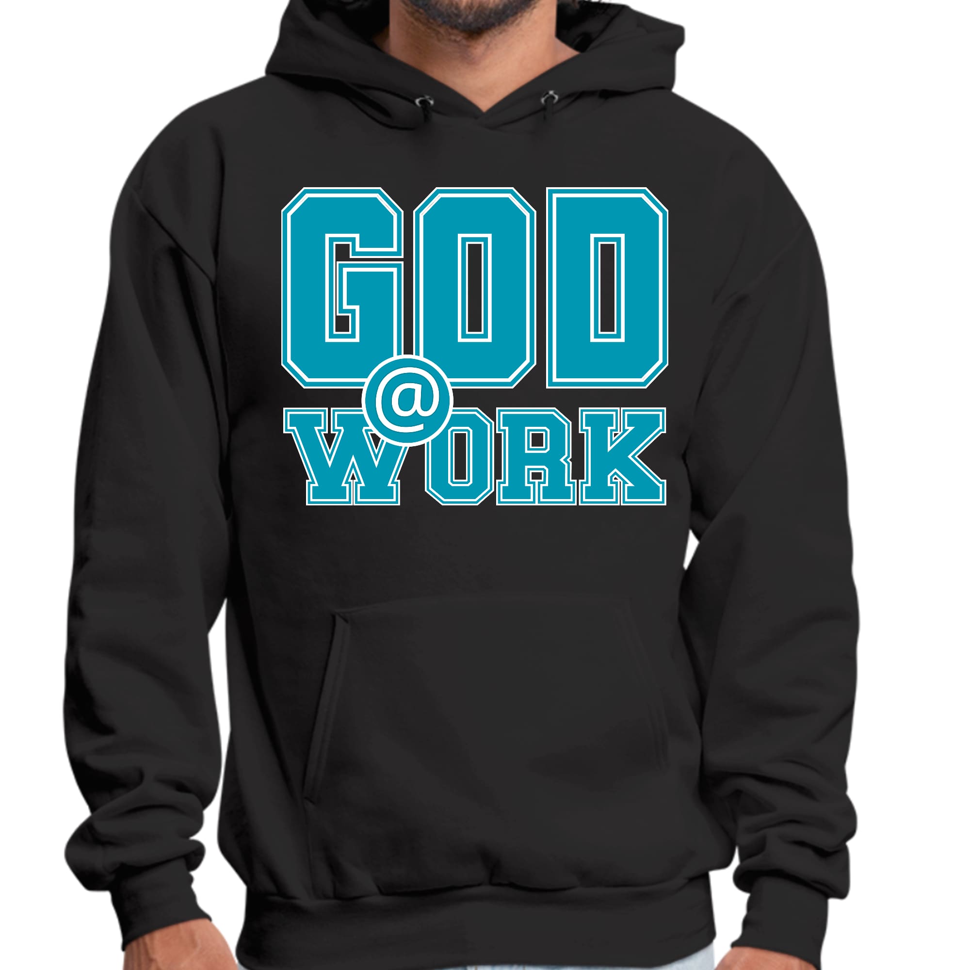 Mens Graphic Hoodie God @ Work Blue Green and White Print