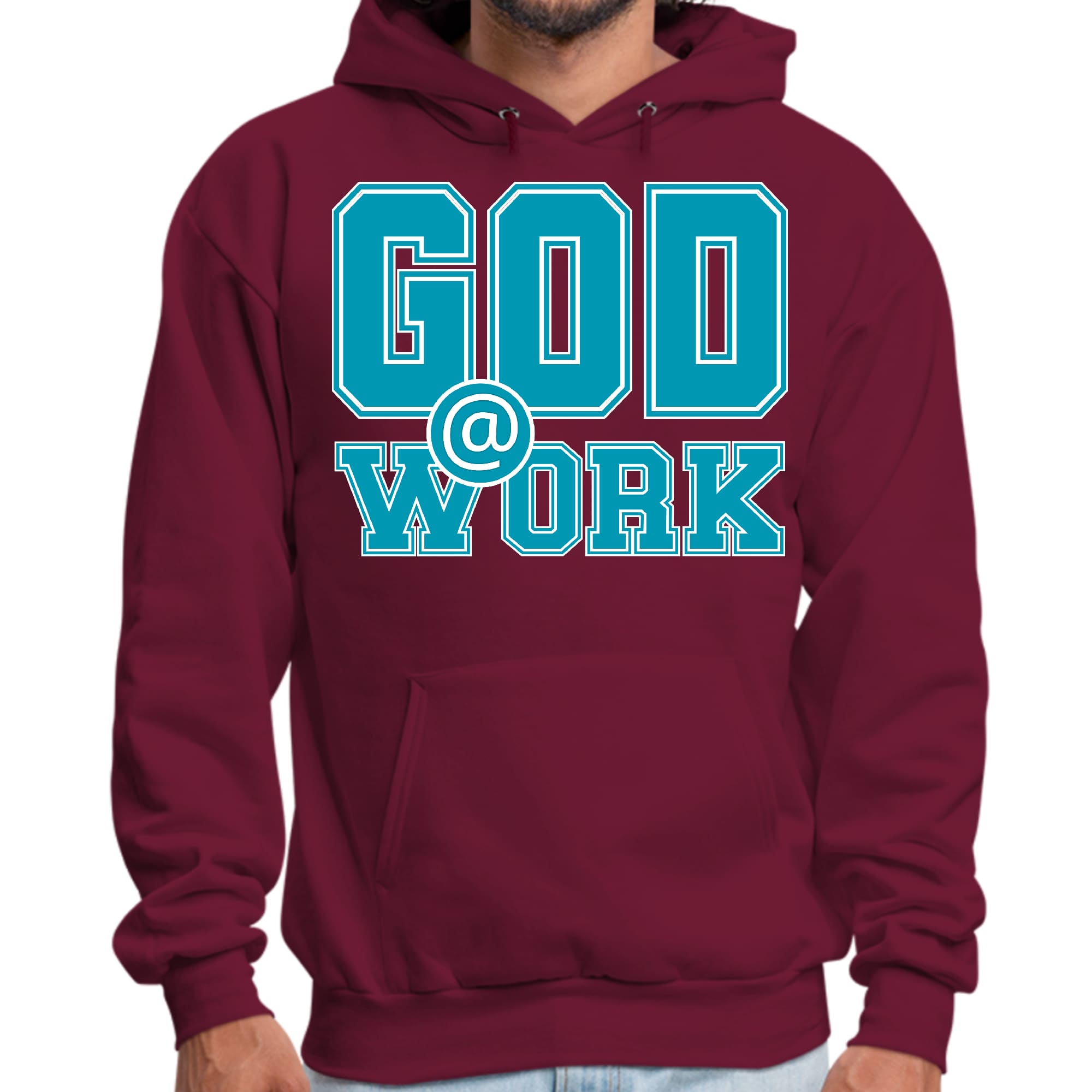 Mens Graphic Hoodie God @ Work Blue Green and White Print