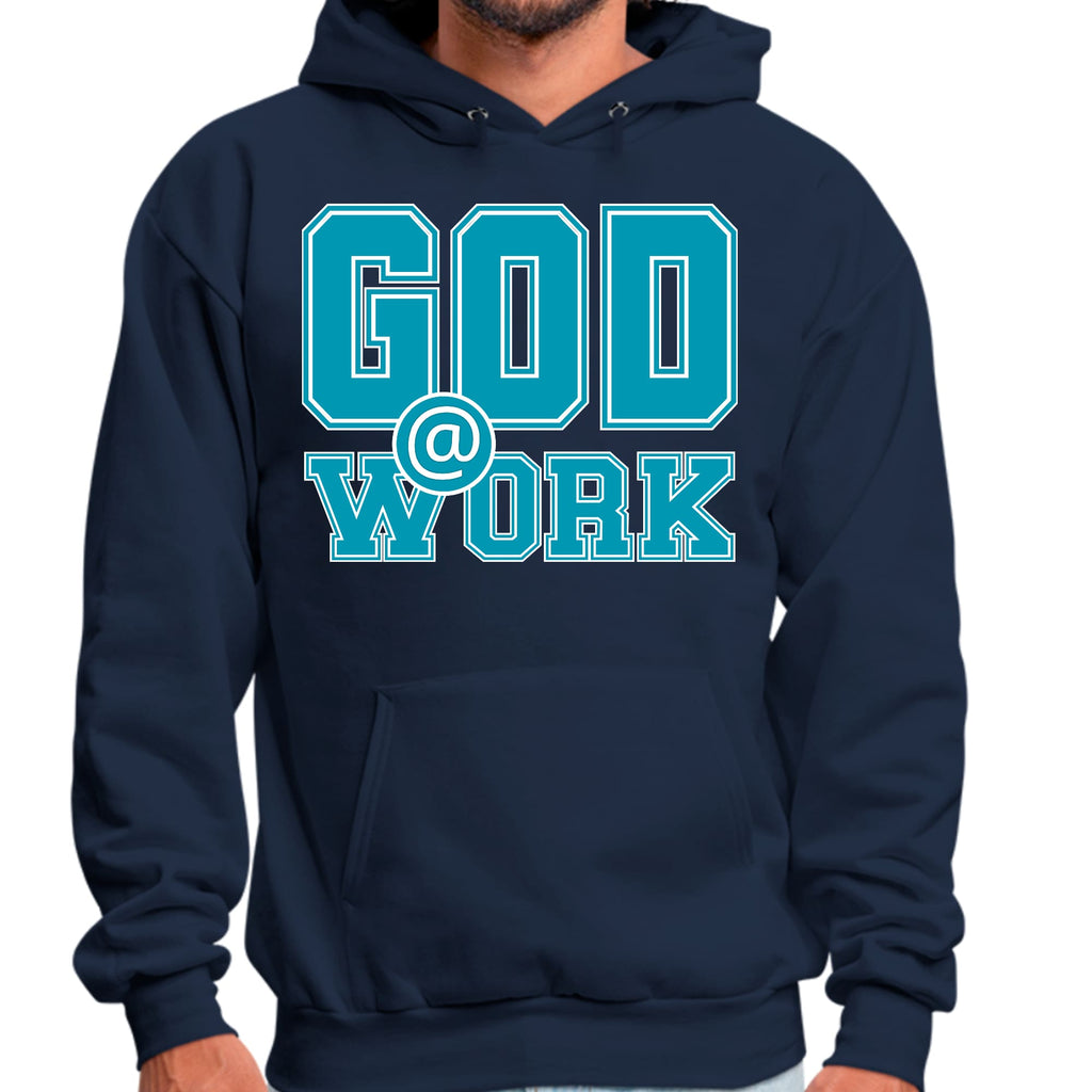 Mens Graphic Hoodie God @ Work Blue Green and White Print