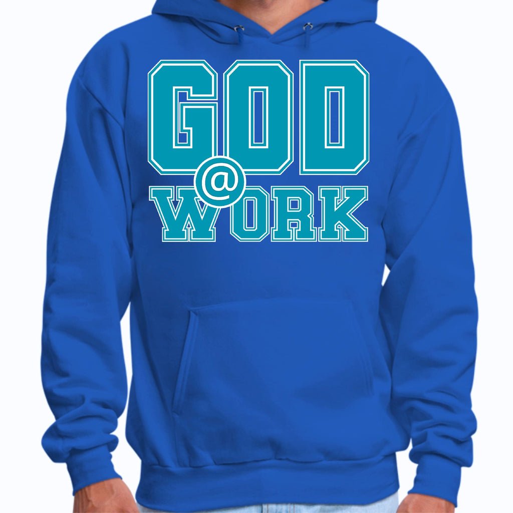 Mens Graphic Hoodie God @ Work Blue Green and White Print