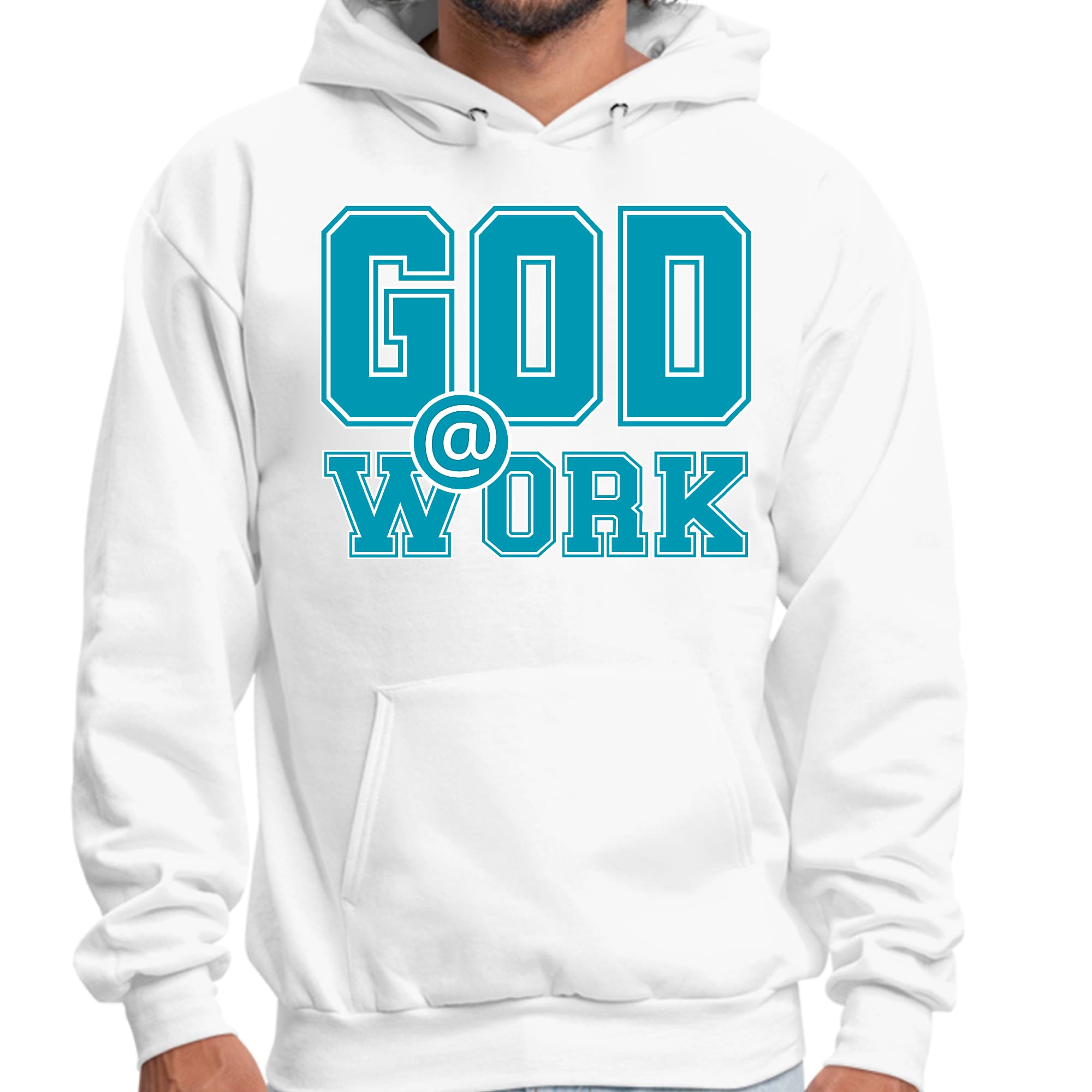 Mens Graphic Hoodie God @ Work Blue Green and White Print