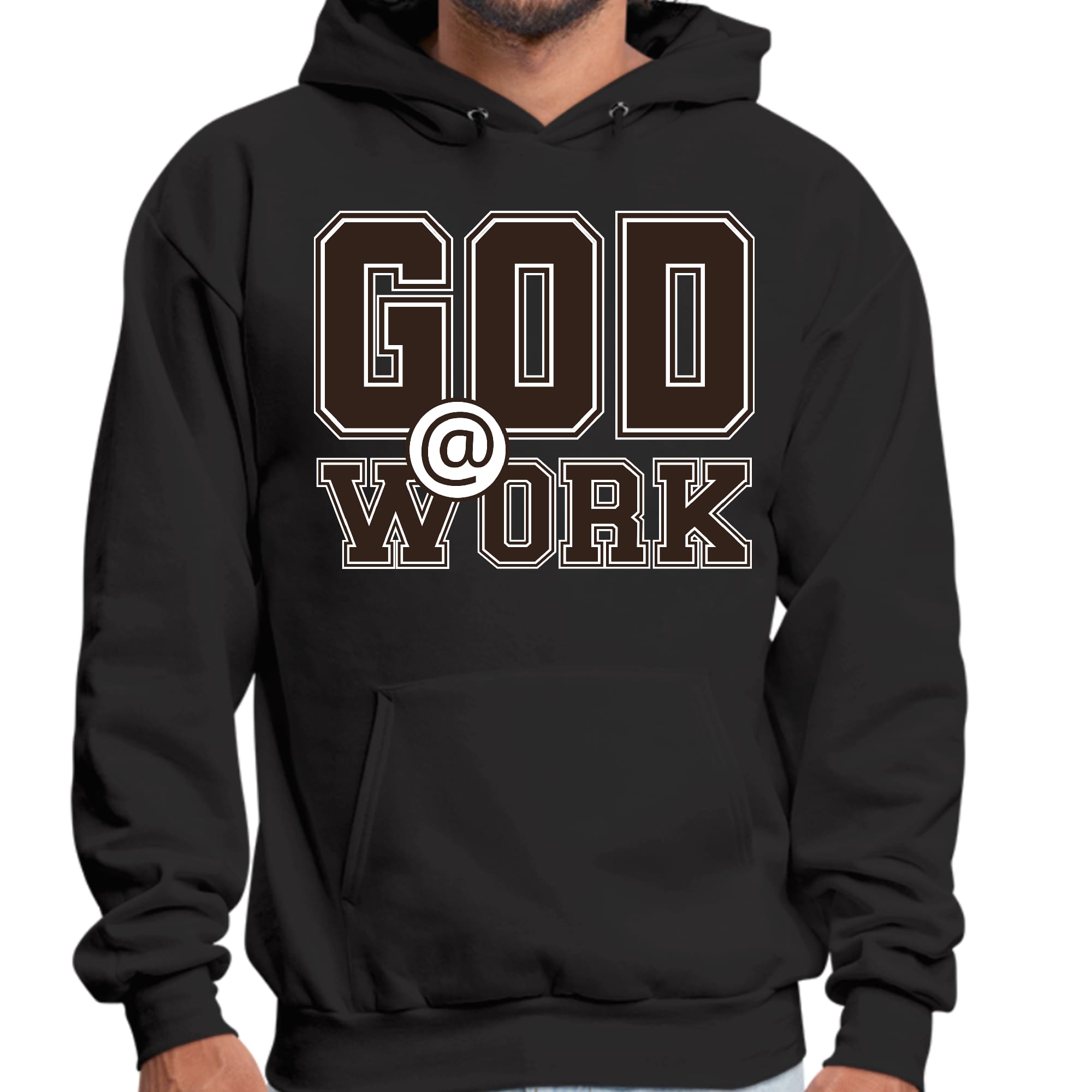 Mens Graphic Hoodie God @ Work Brown and White Print