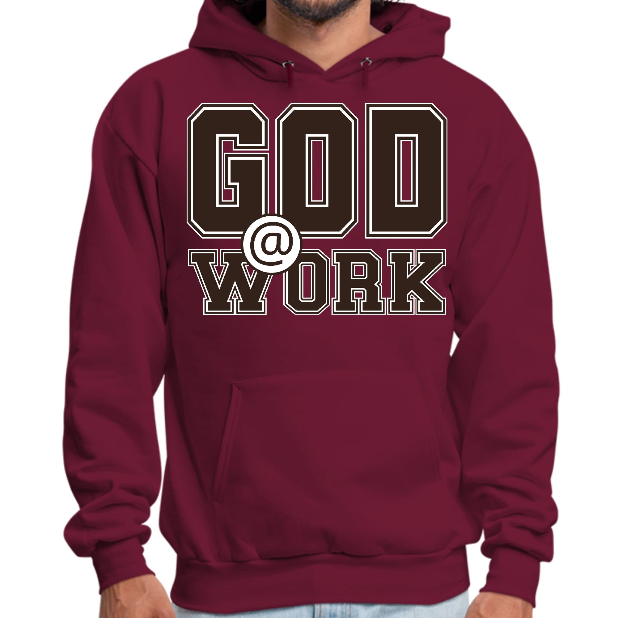 Mens Graphic Hoodie God @ Work Brown and White Print