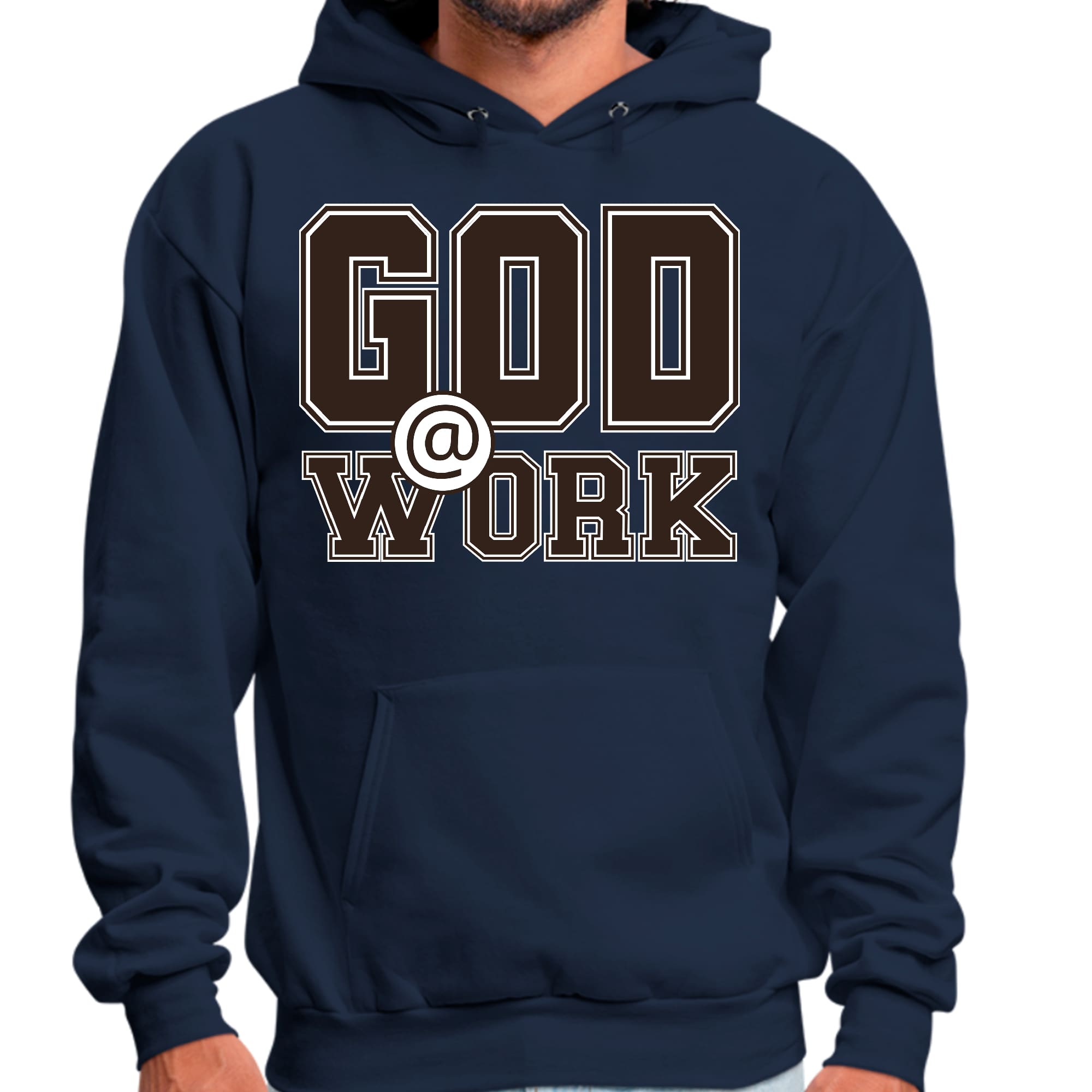 Mens Graphic Hoodie God @ Work Brown and White Print