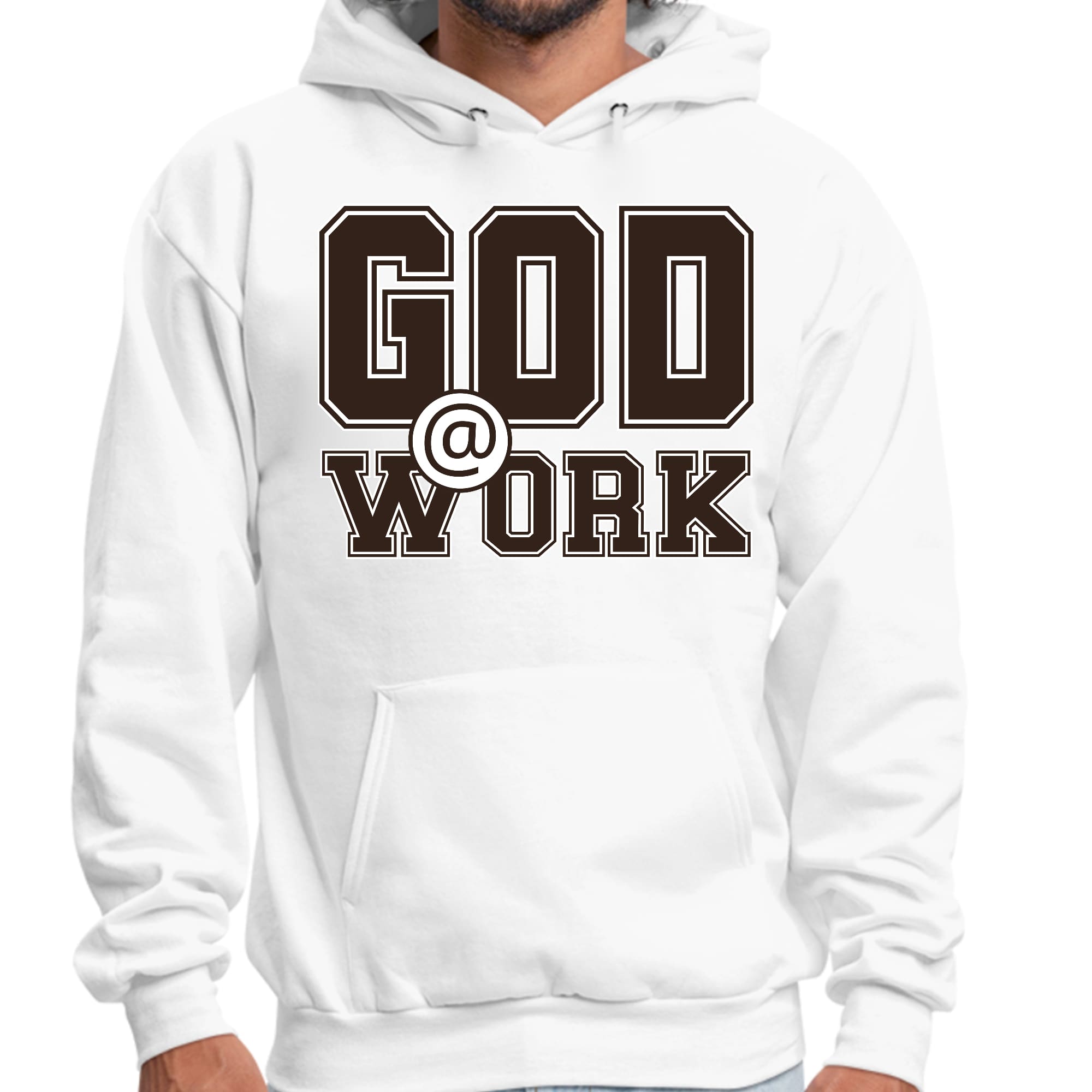 Mens Graphic Hoodie God @ Work Brown and White Print