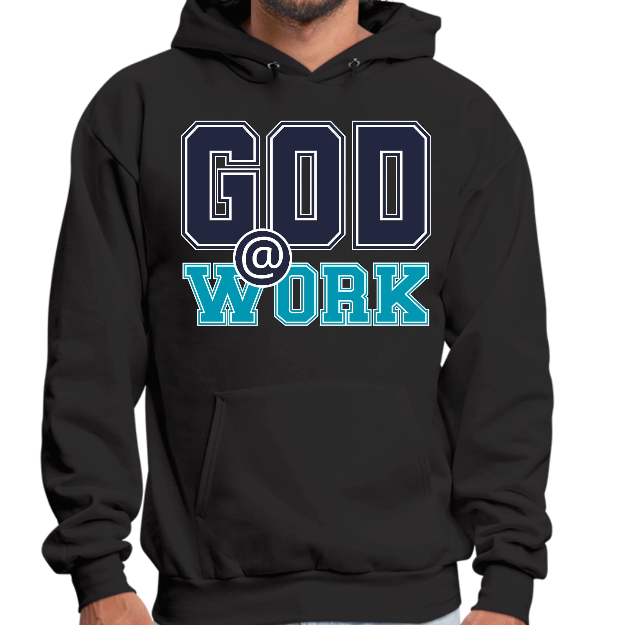 Mens Graphic Hoodie God @ Work Navy Blue and Blue Green Print