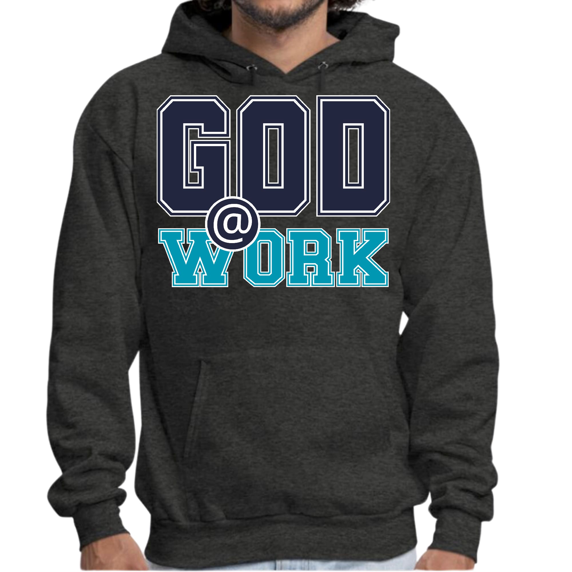 Mens Graphic Hoodie God @ Work Navy Blue and Blue Green Print