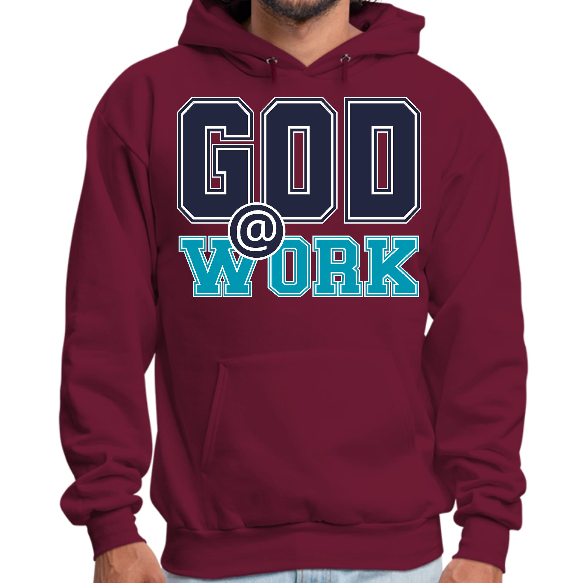 Mens Graphic Hoodie God @ Work Navy Blue and Blue Green Print
