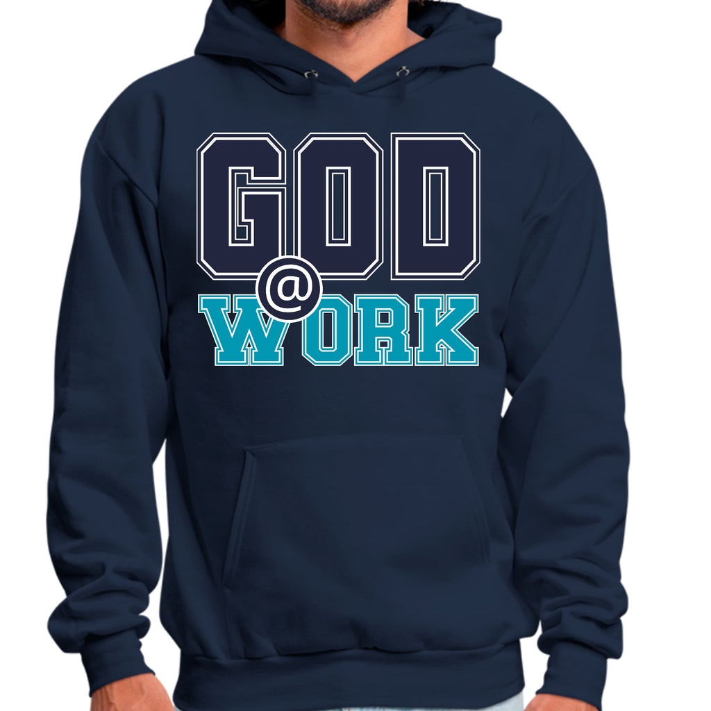 Mens Graphic Hoodie God @ Work Navy Blue and Blue Green Print