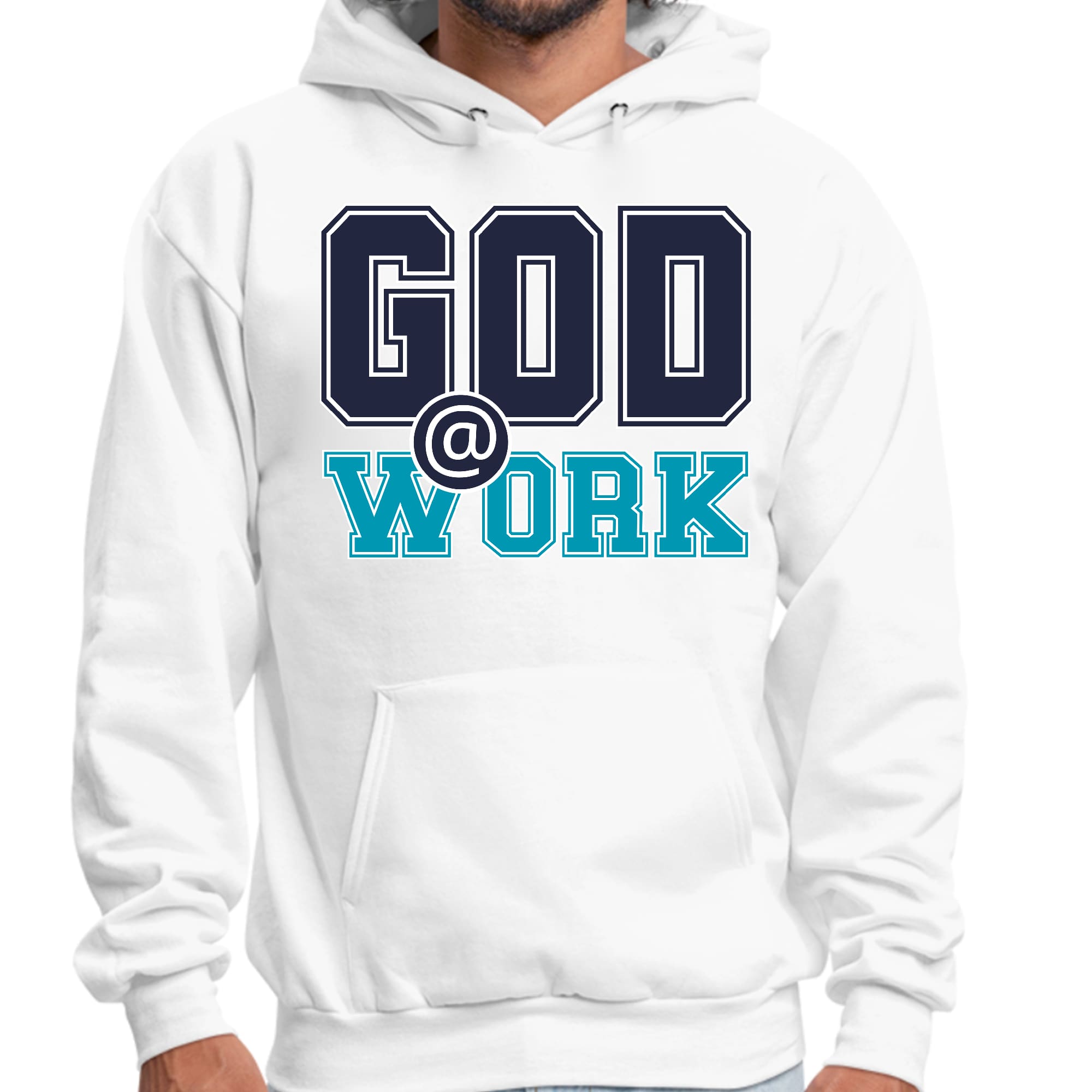 Mens Graphic Hoodie God @ Work Navy Blue and Blue Green Print