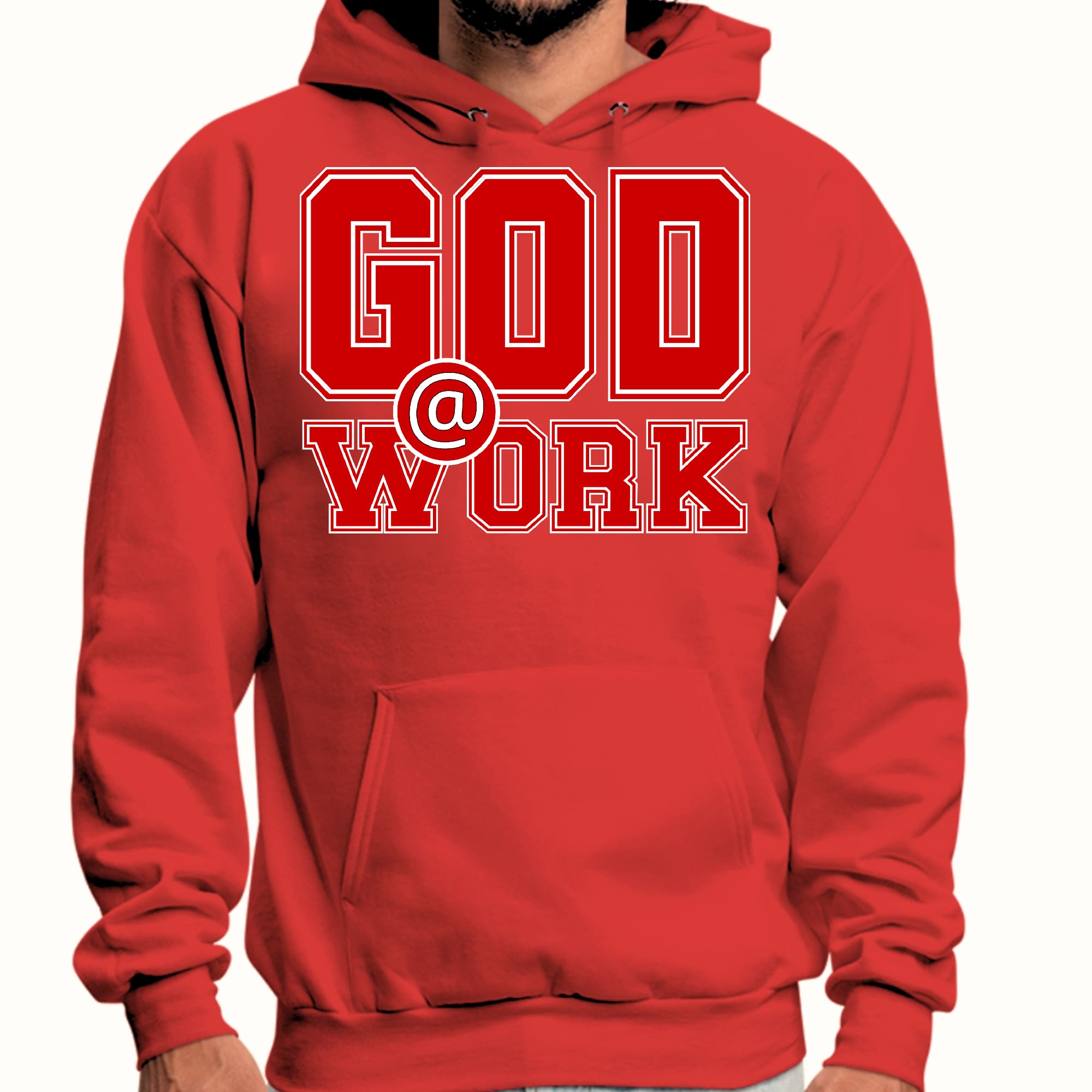 Mens Graphic Hoodie God @ Work Red and White Print