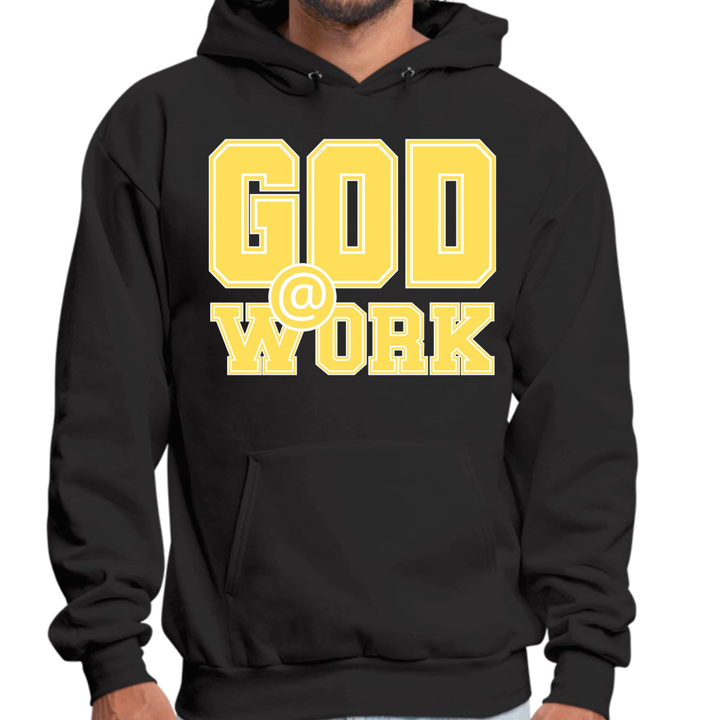 Mens Graphic Hoodie God @ Work Yellow and White Print
