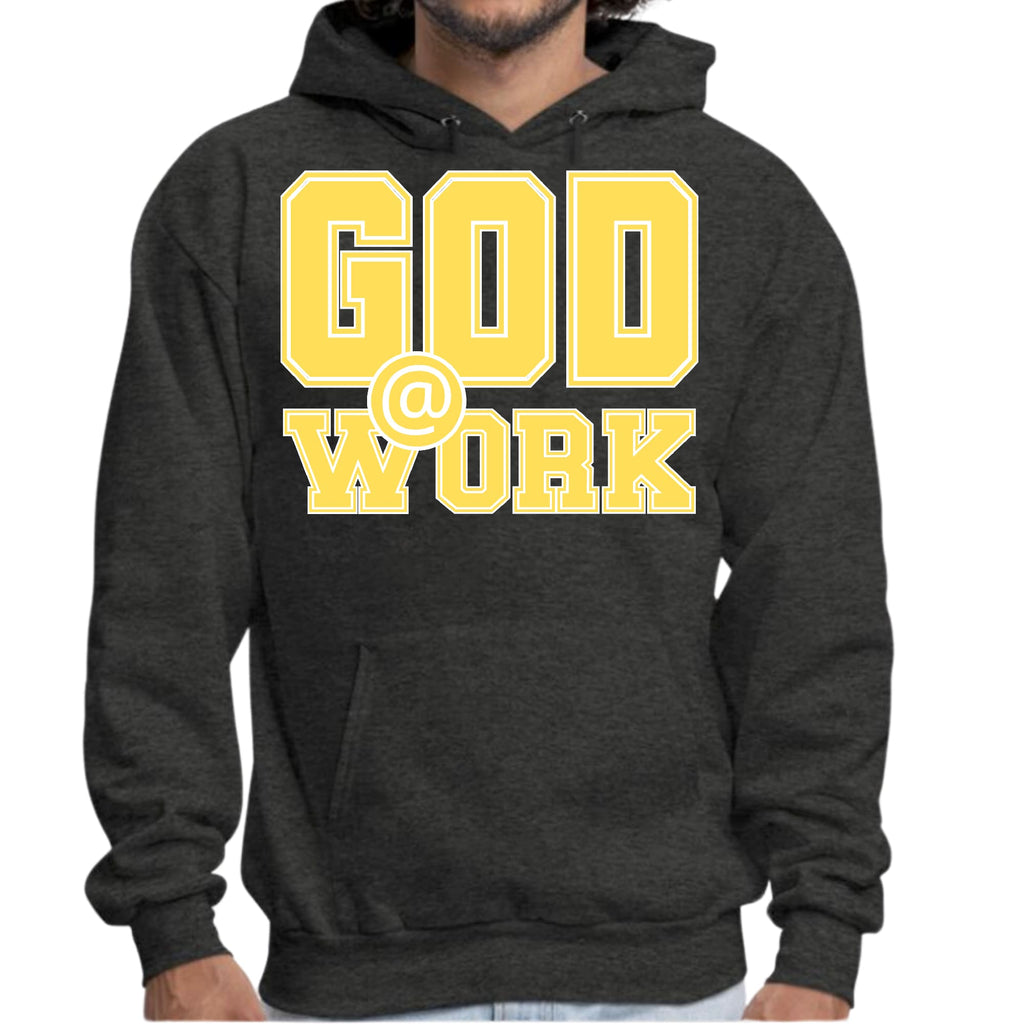 Mens Graphic Hoodie God @ Work Yellow and White Print