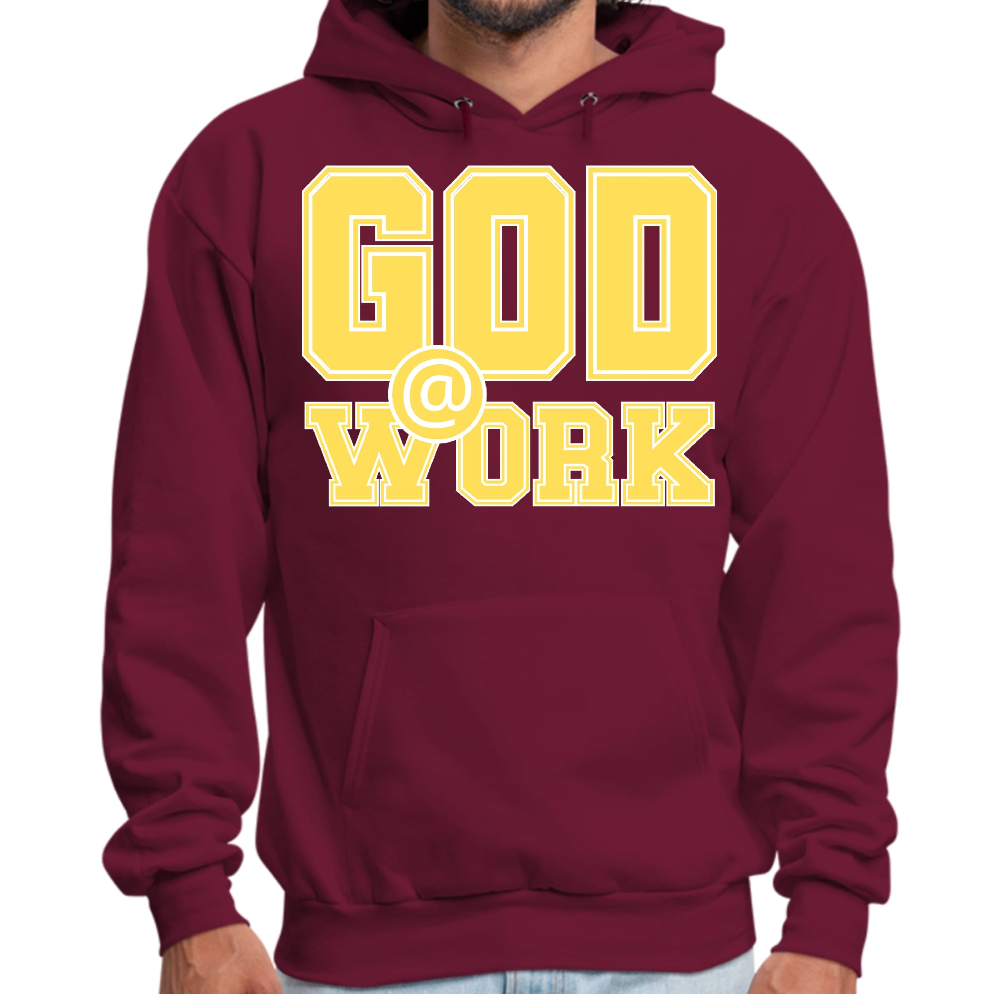 Mens Graphic Hoodie God @ Work Yellow and White Print