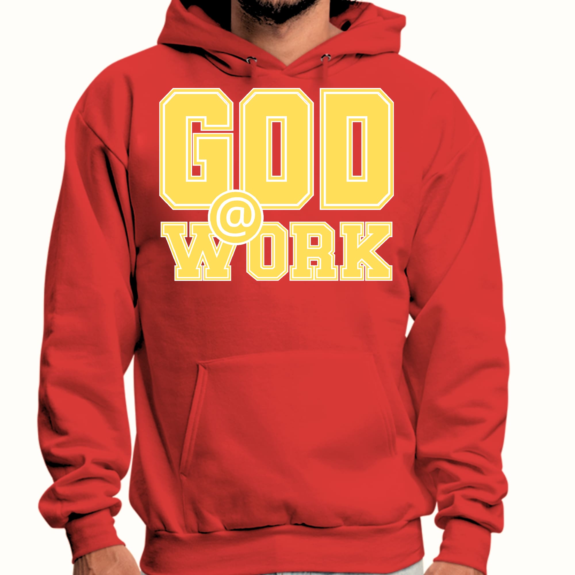 Mens Graphic Hoodie God @ Work Yellow and White Print