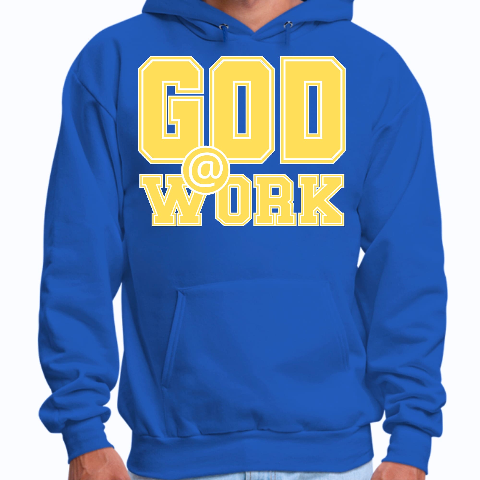 Mens Graphic Hoodie God @ Work Yellow and White Print